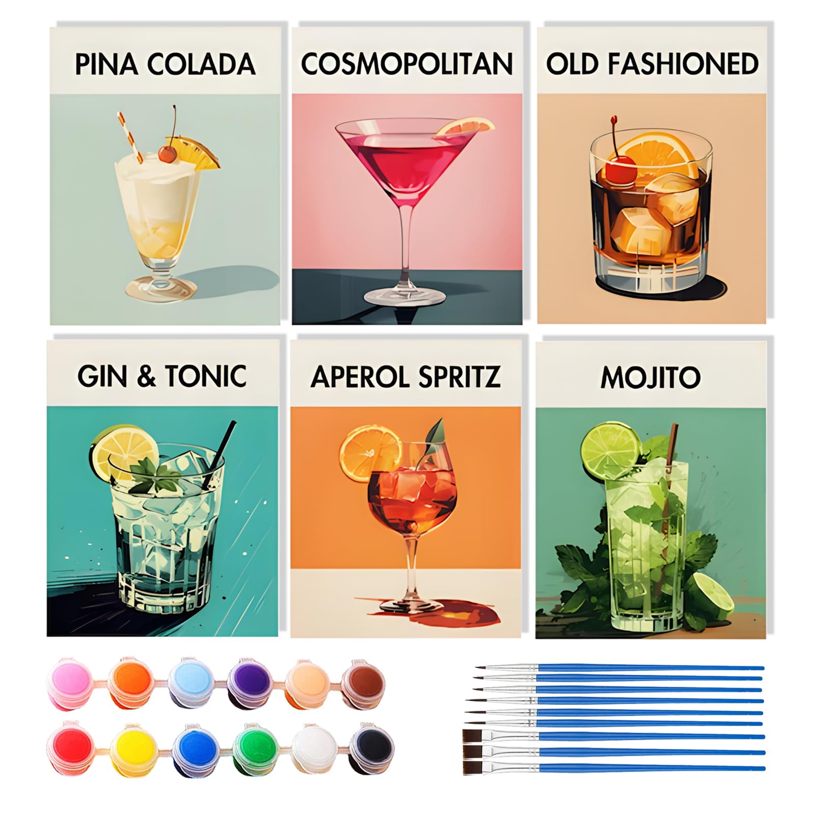 Malen Nach Zahlen Cocktail, Malen nach Zahlen Set, Cocktail-Kollektion, 6 Stück, 15 x 20 cm, Moderne Bar-Mixologie Kunst Serie (Rahmenlos, #049-6-teiliges Cocktail-Set （15 * 20cm)）