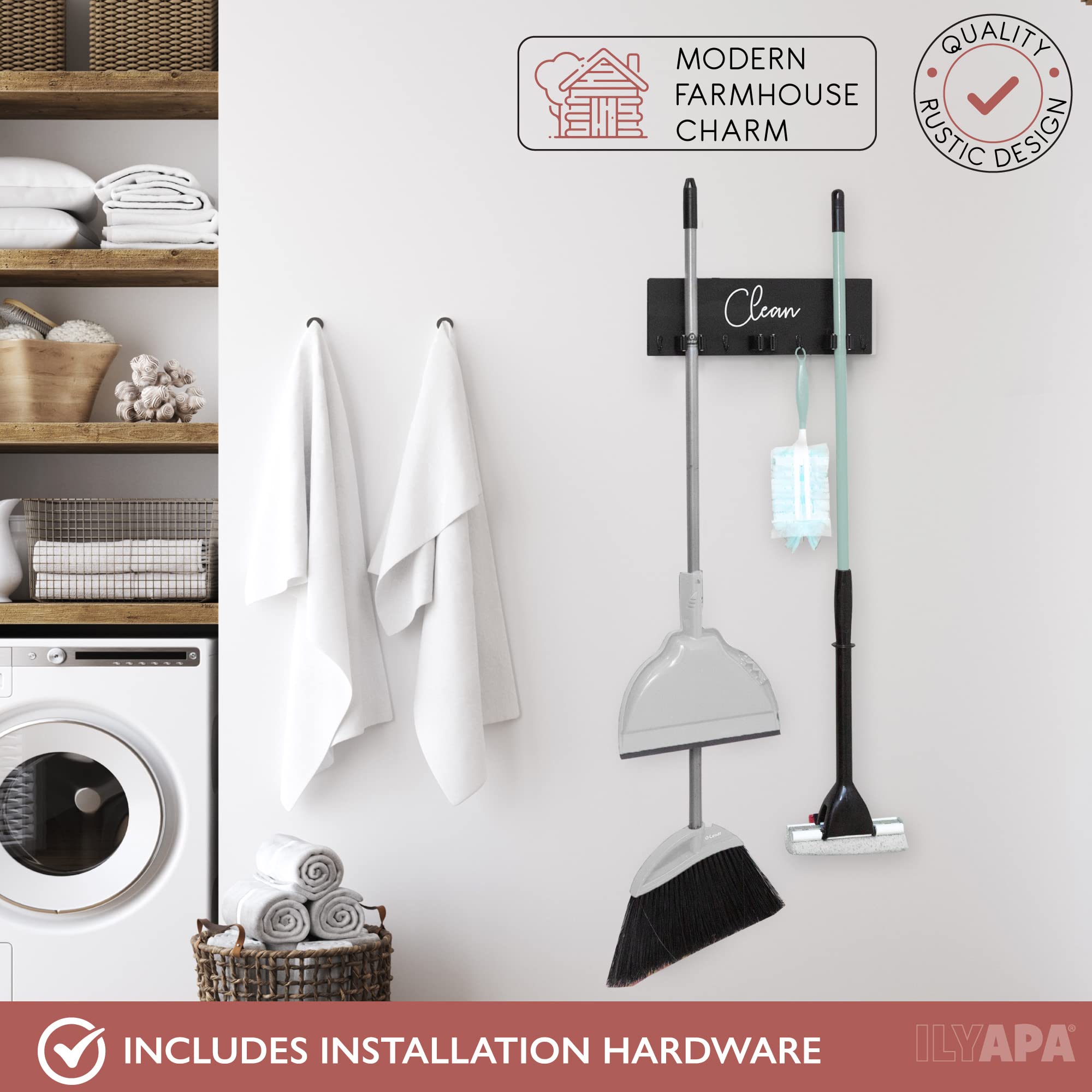 Soporte de pared para fregona y escoba, organizador de escobas y trapeadores de madera para colgar en la pared, organizador de escobas para cocina y lavandería, estante de almacenamiento 5