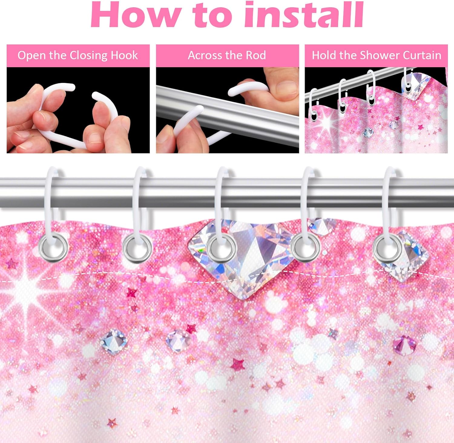 4Pcs Pink Bow Shower Curtain Sets, Bathroom Sets with Shower Curtain, Non-Slip Rugs, Toilet Lid Cover and Bath Mat, Pink Glitter Diamond Shower Curtain with 12 Hooks for Bathroom Set Decor