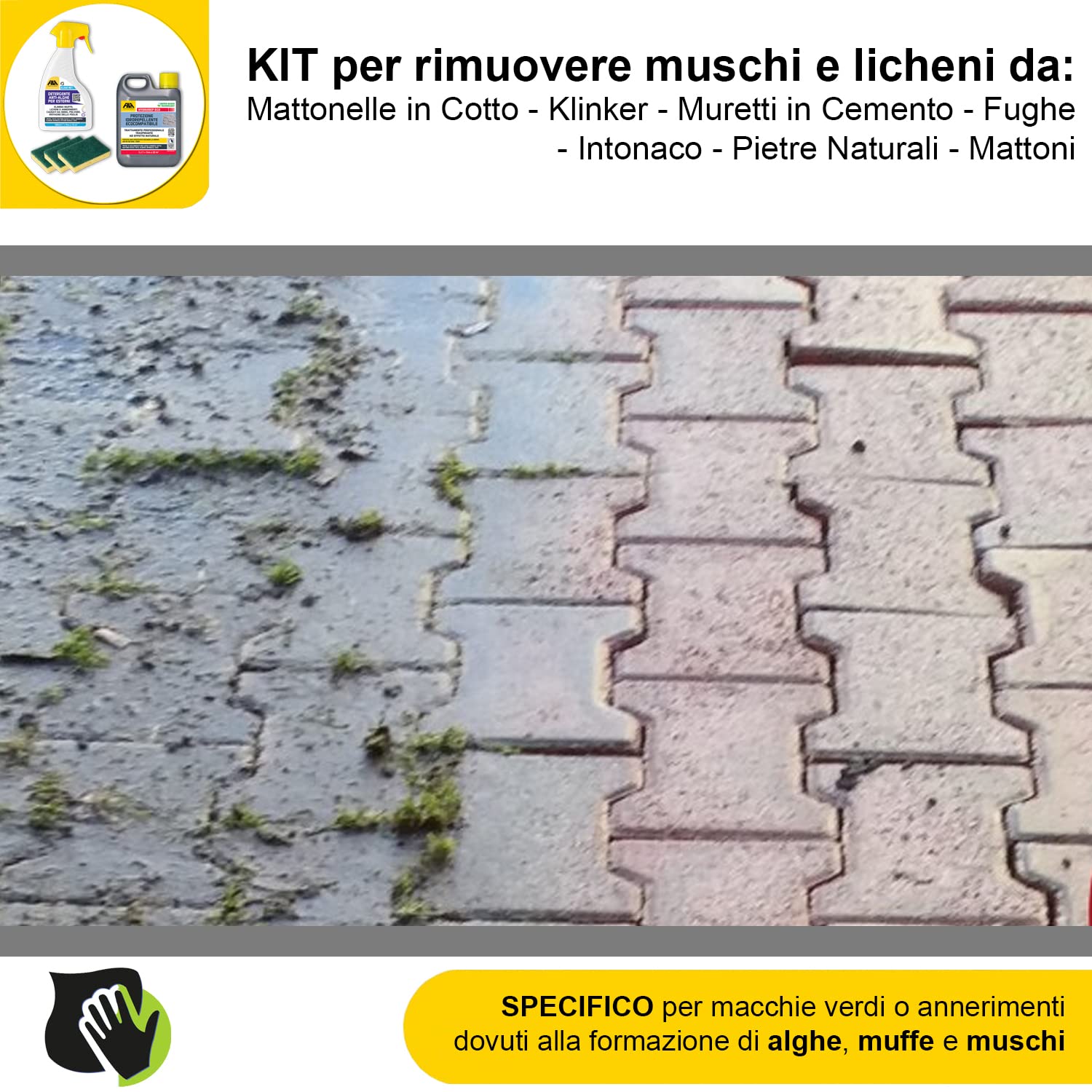 MASTERBRICO Kit Pulizia con Algaenet 500ml + Hydrorep Eco 1L + Spugne – Detergente Anti Alghe + Protezione Idrorepellente Ecocompatibile Per Rimuovere Muschi da Cemento, Fughe, Mattoni, Klinker, Tufo