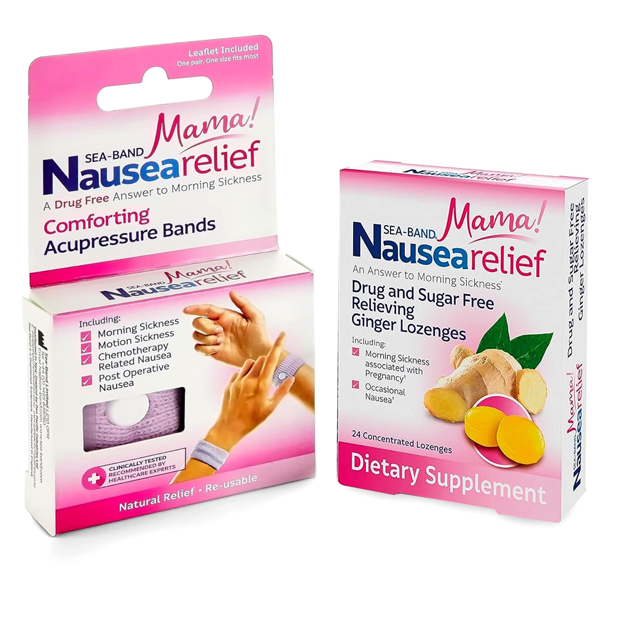 Sea-Band Mama! Motion Sickness, Nausea and Morning Sickness Relief, Ginger Lozenges and Acupressure Wristbands Bundle, (1 x Pack of 24 Ginger Lozenges and 1 x Pair of Adult Lilac)