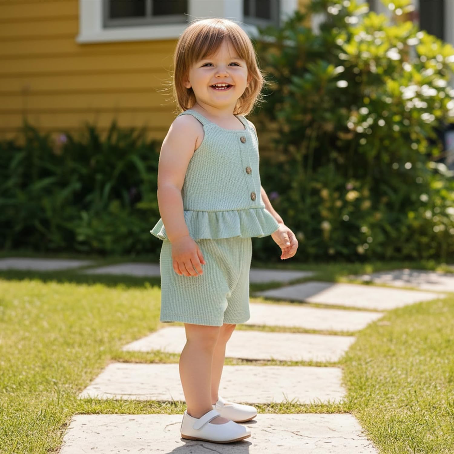 allshope Toddler Baby Girl Summer Outfits Solid Color Waffle Sleeveless Ruffle Tank Tops Shorts Set Cute Infant Clothes