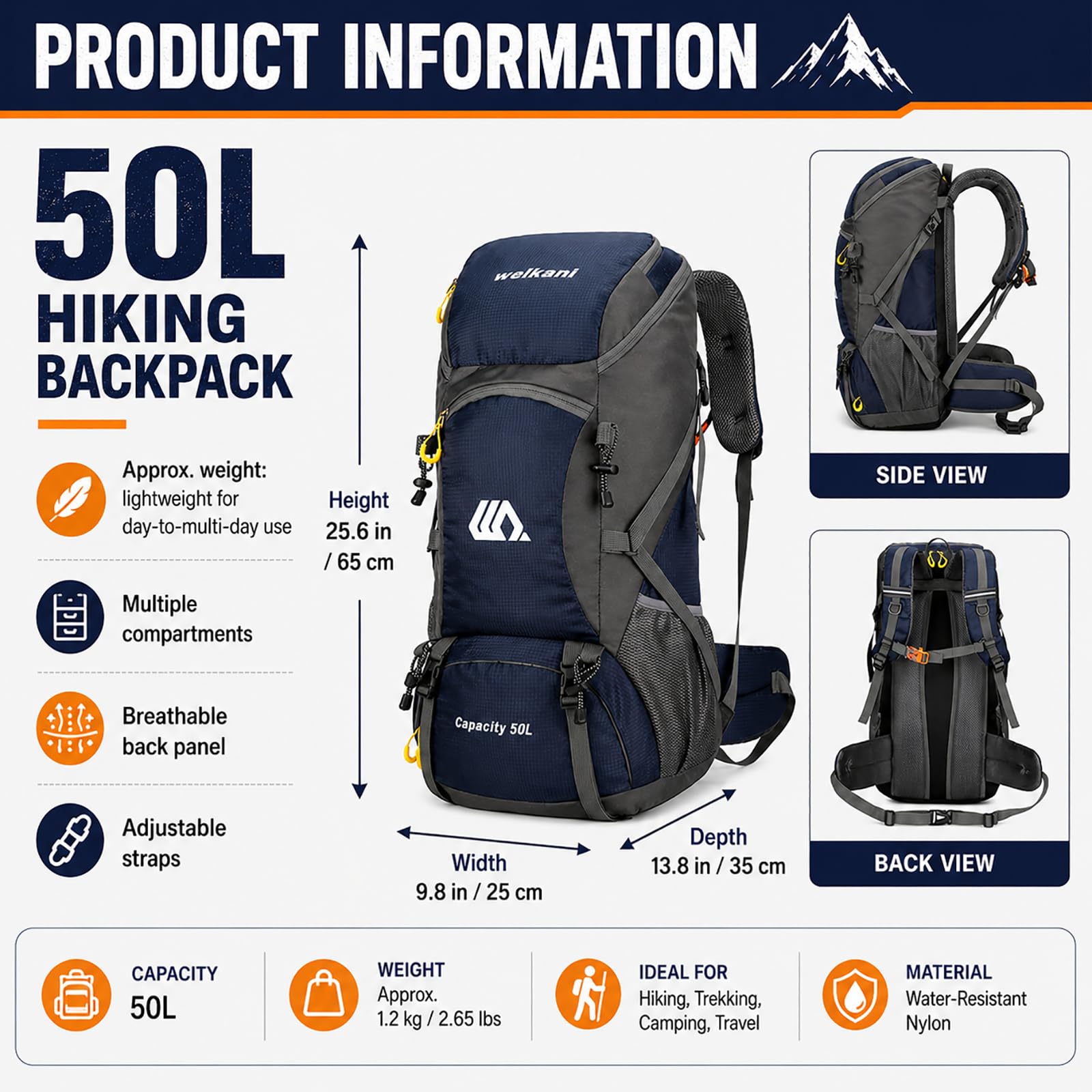 50L Wanderrucksack mit Regenschutz Wasserdicht Leichtes Camping Outdoor Sport Trekking Klettern Skifahren Reisetasche