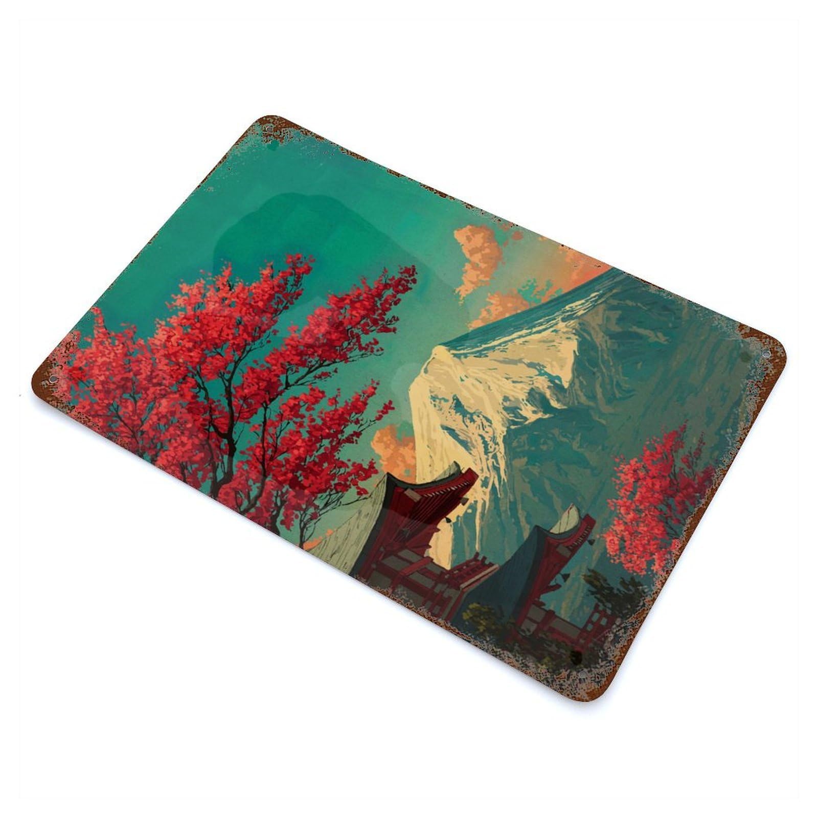Rust Effect Mount Fuji with Cherry Blossoms Rusty Metal Tin Sign 11.8"x7.9", Old School Wall Decor for Cafe, Home Bar And Lounge Decor