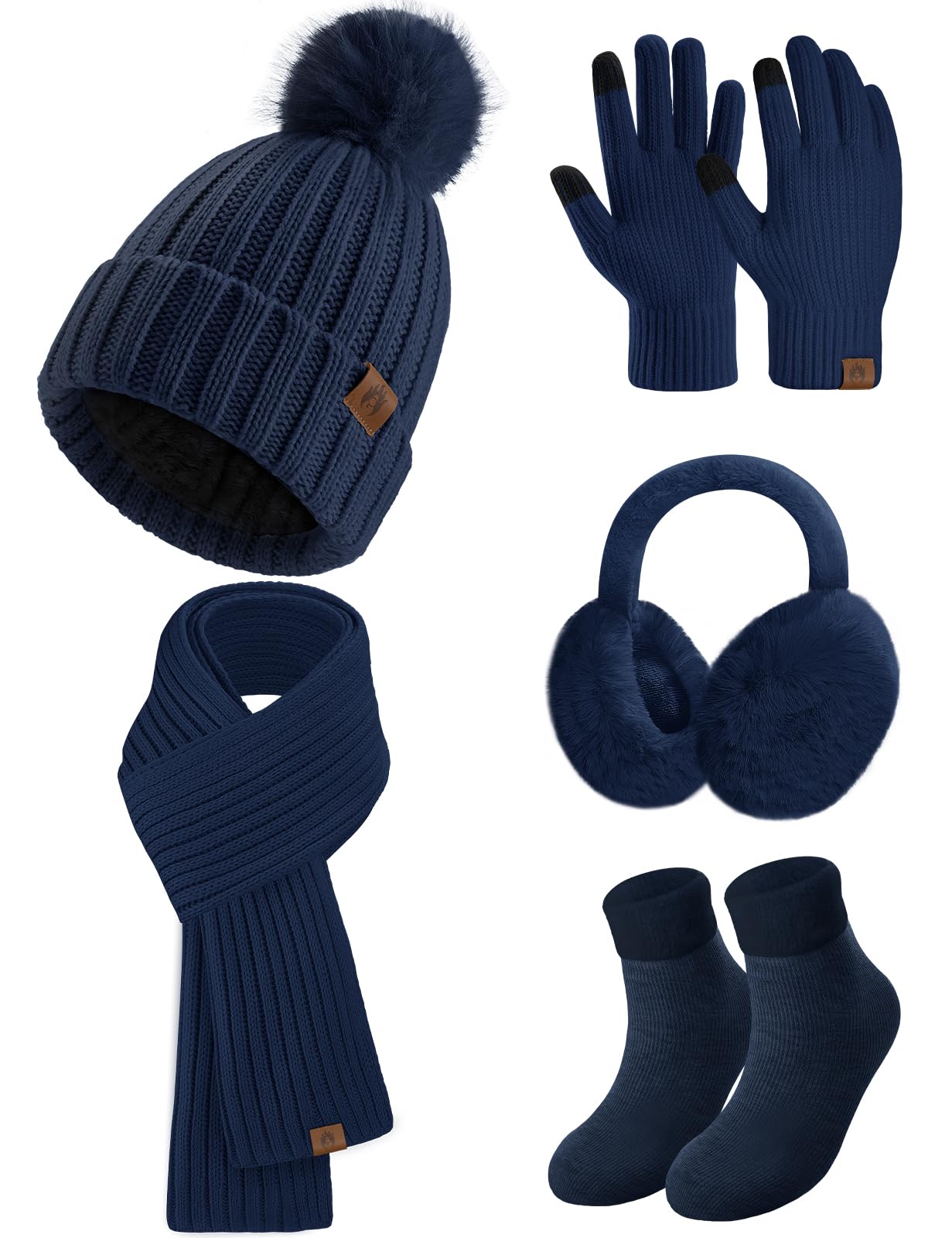UMIPUBO Gorro de invierno, bufanda, guantes para pantalla táctil, calcetines peludos, orejeras, juego de 5 piezas para mujer, juego de invierno para esquí, marino, Talla única
