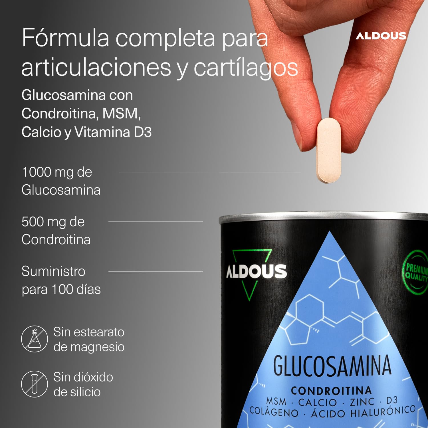 Glucosamina Condroitina MSM - 200 comprimidos XL - Colágeno, Ácido Hialurónico, Zinc, Calcio y Vitamina D3 - Antiinflamatorio Natural - Para Huesos y Articulaciones - Libre de plástico - ALDOUS