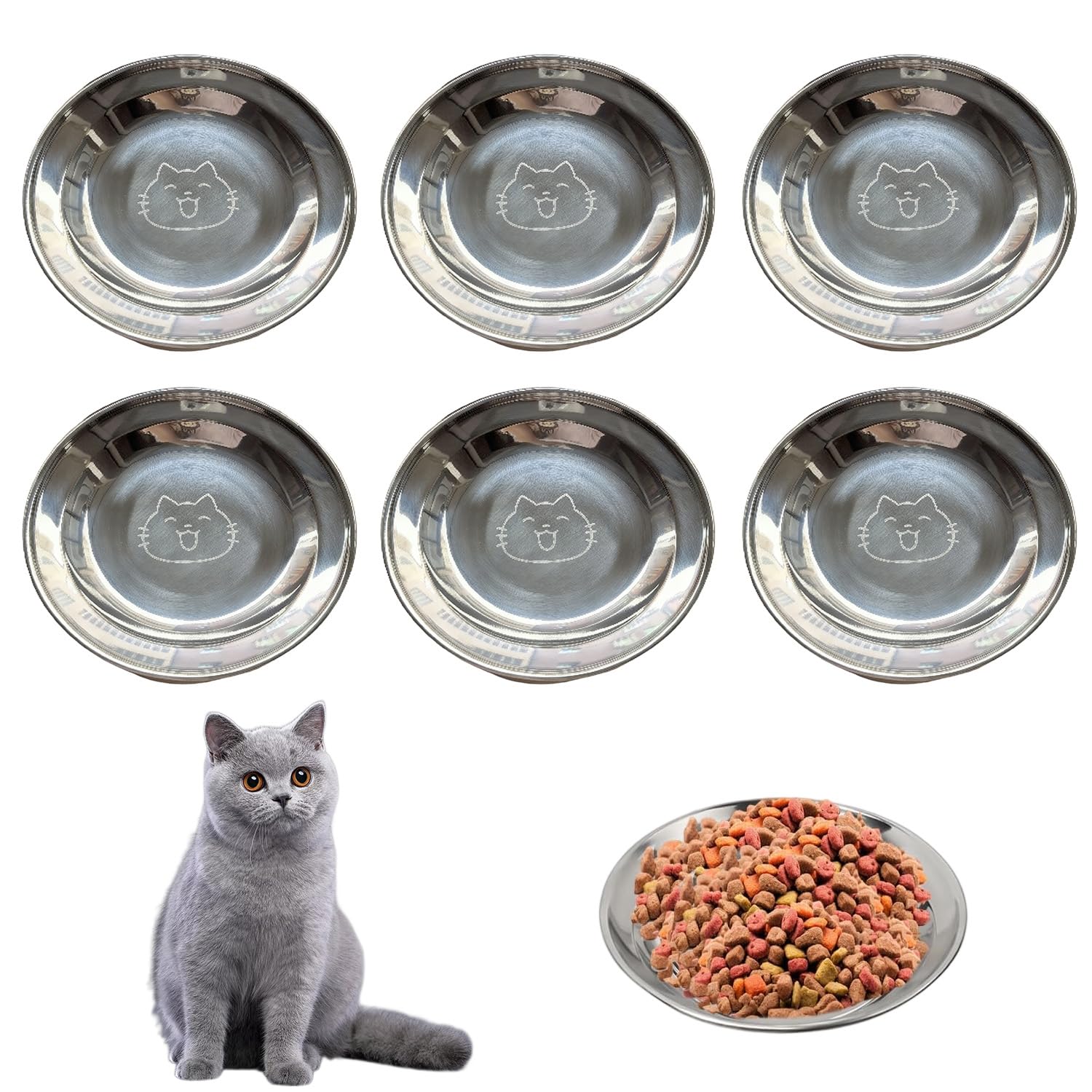 6Pcs Cat Bowls, Quality Stainless Steel Shallow Cat Food Bowls, Whisker-Friendly Cats Bowls For Kittens, 5.5 Inch For Small Dogs, Rabbits, Hamster, For Indoor Outdoor Pet Supplies (A-Happy)