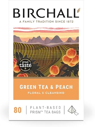 Birchall Tea | Green Tea & Peach | Green Tea Infusion | 1 Pack of 80 Plant-Based Prism Tea Bags