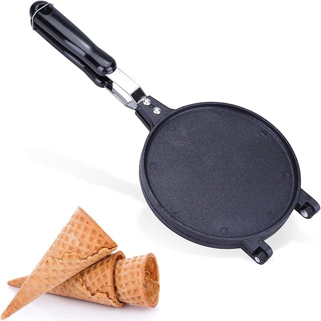 Non-Stick Waffle Cone Maker, Aluminum Alloy Egg Roll Machine Crepe Maker Ice Cream Cones Maker Kitchen Baking Tool with Long Handle for Gas Stove, 6.7inch
