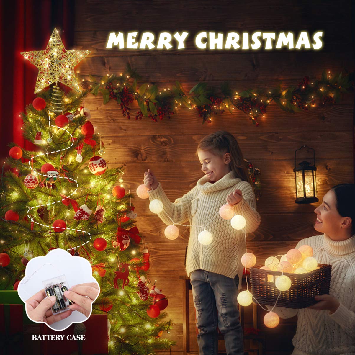 1 puntale per albero di Natale, ornamento a forma di stella, scintillante, dorato, regalo per festival, illuminato, decorazione trasparente