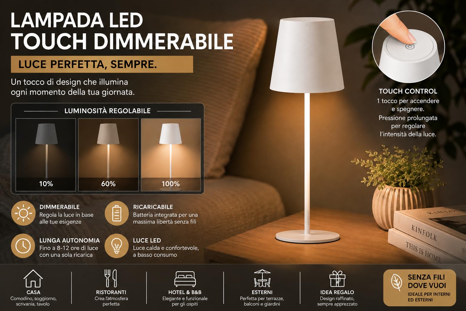 Set di 8 Lampada da Tavolo Bianco Touch Senza Fili Ricaricabili, LED Dimmerabili con 3 Tonalità di Luce 3000-6500K, Impermeabili IP54, Ideali per Interni ed Esterni