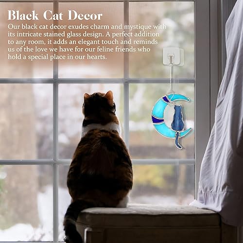 Miniatura 6 de JUHEPROKIT Colgante de vitral Gato de vitral de gato en la luna, atrapa el sol para ventana de interior, colgadores de vitrales hechos a mano,