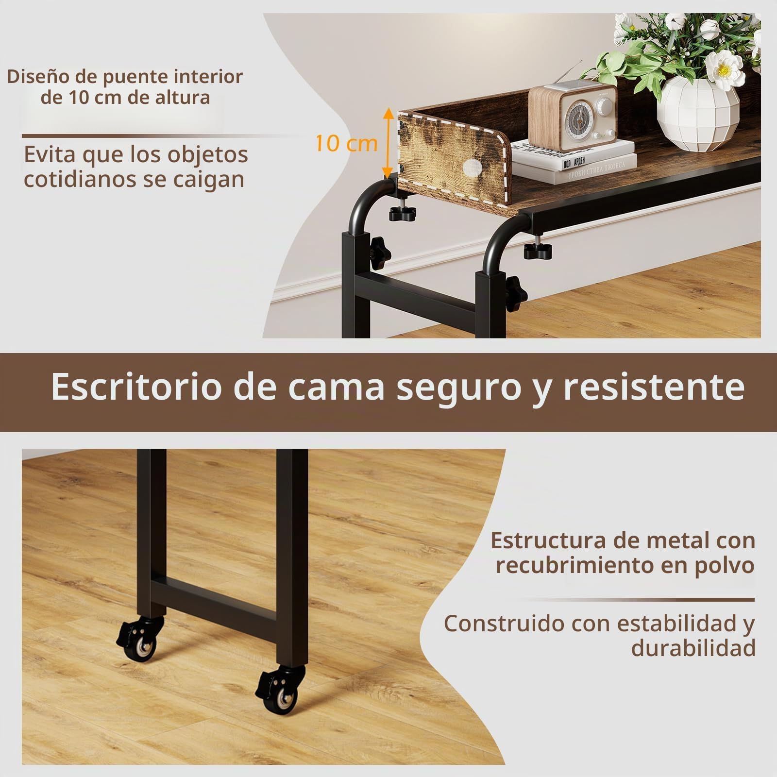 LIFEZEAL Mesa de Cama con Ruedas 117x35 cm, Café | Mesa Auxiliar con 4 Ruedas, Altura y Anchura Ajustables, Compatible con Varias Camas, para Dormitorio o Salón
