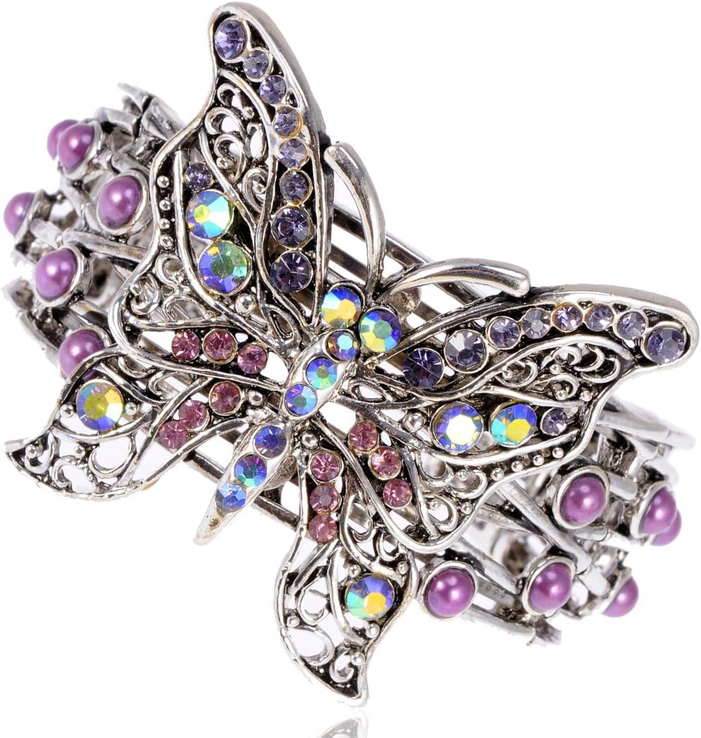 Alilang Antique Silvery Tone Iridescent Aurora Borealis Purple Rhinestones Butterfly Cuff Bracelet