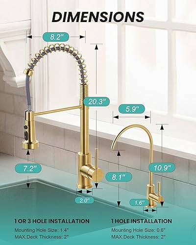 Miniatura 6 de Grifo de cocina y filtro de agua grifo de fregadero de cocina dorado cepillado con grifo de agua potable - Grifo de acero inoxidable de una sola