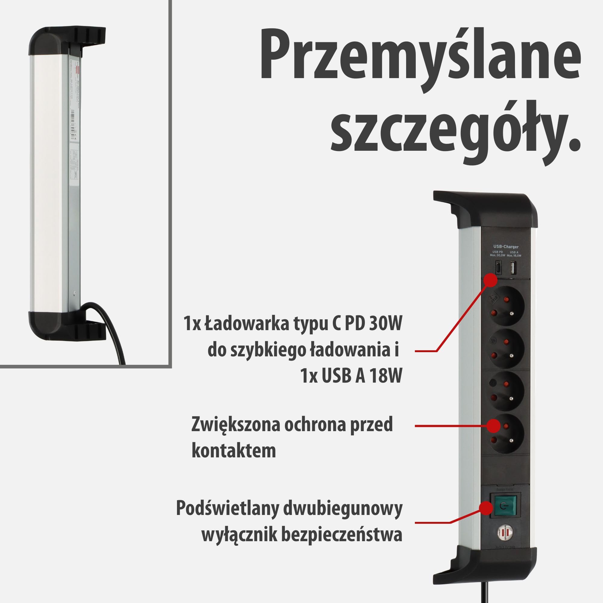 Brennenstuhl Alu-Office-Line Listwa zasilająca z 4 gniazdami i USB C PD 30W i USB A 18W (Made in Germany, gniazdo wielogniazdowe idealne do biura, kabel 1,8 m, z przełącznikiem)
