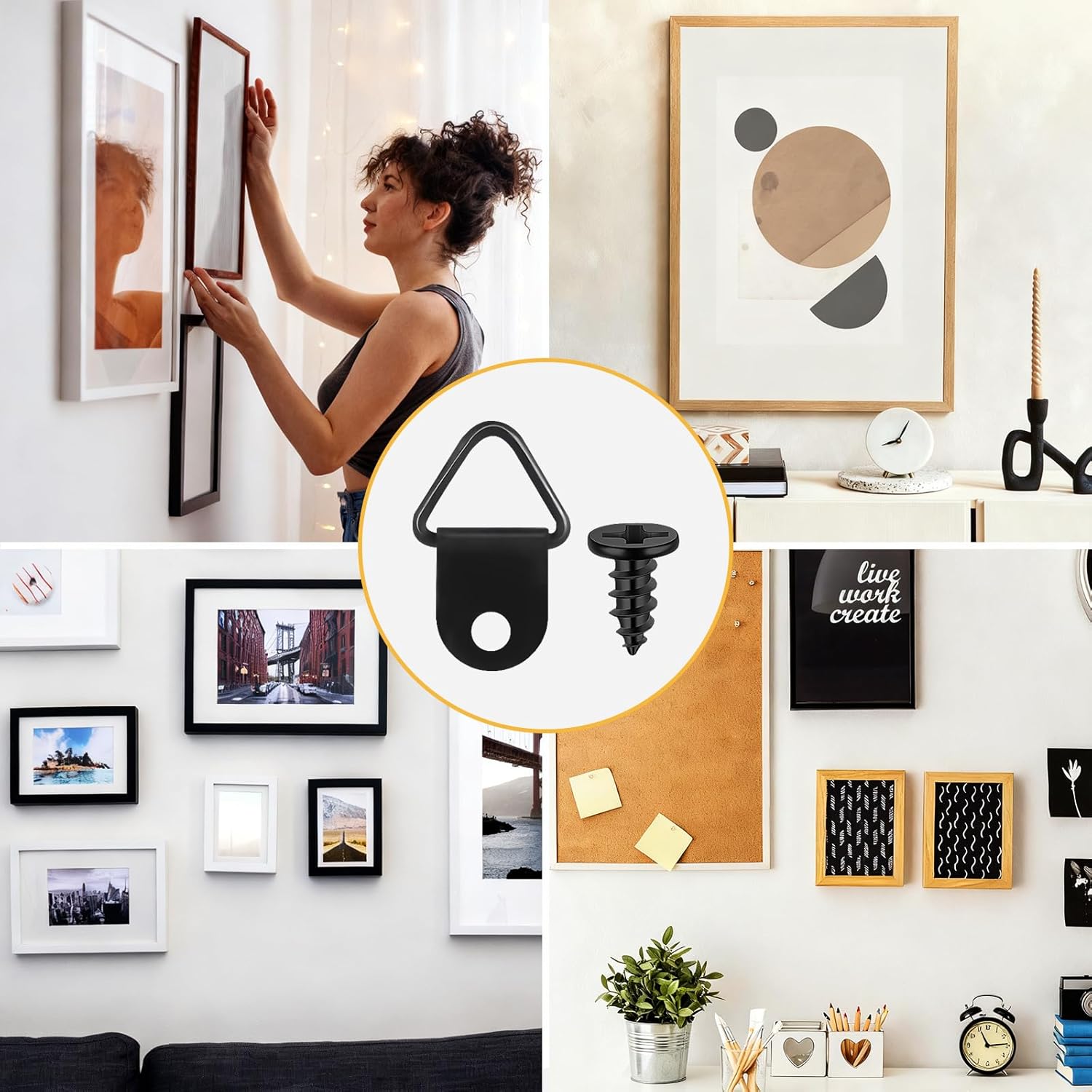 100 Pcs D Ring Picture Hangers,Small Triangle Ring with 100pcs 8mm Screws,Picture Frame Hangers Picture Hooks D Rings for Clock,Decoration,Mirror, Paintings, Artwork Picture Frame (Black)