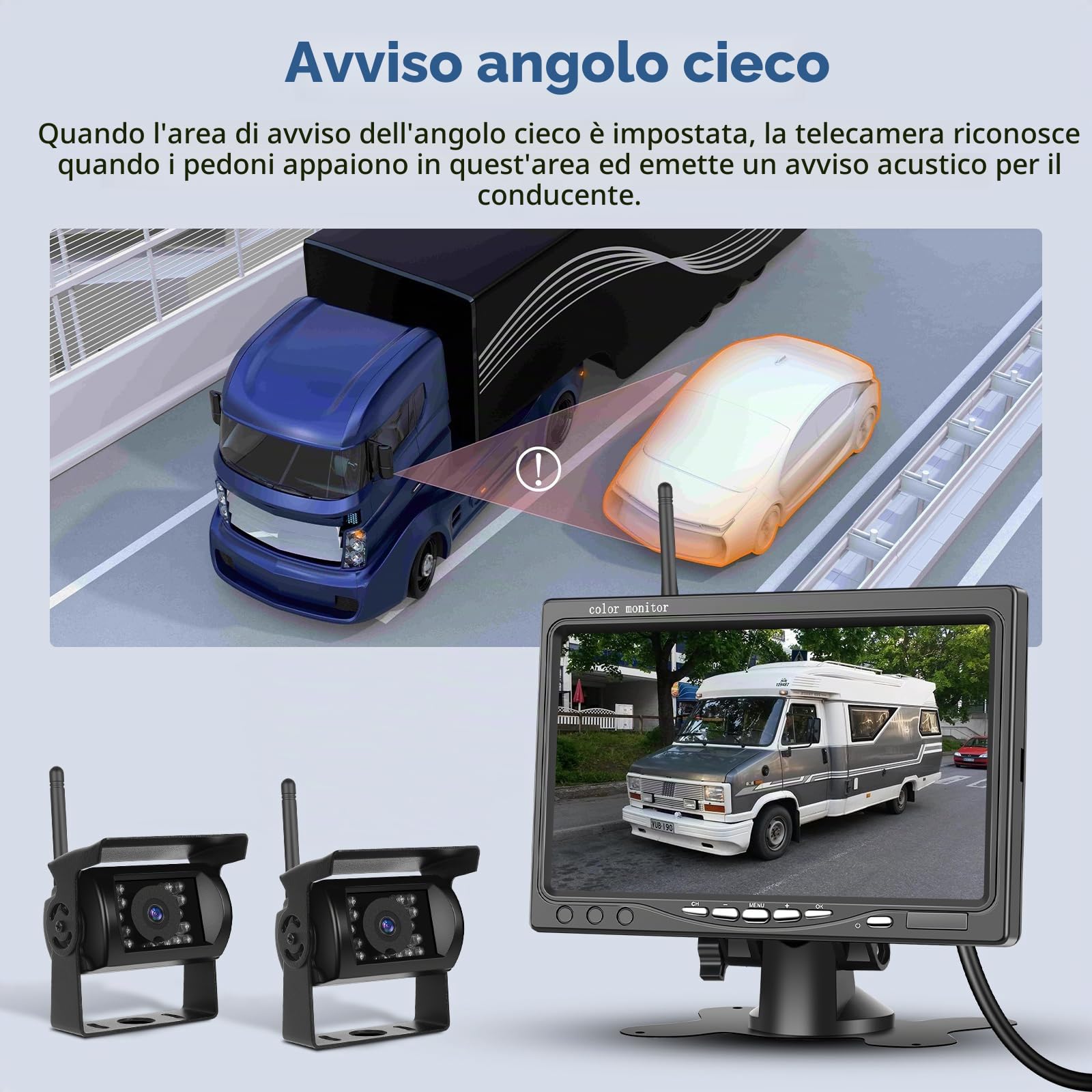 Kit telecamera posteriore wireless HD 1080P, monitor LCD da 7 pollici, 2 telecamere di backup per rimorchio, camper, camion, auto, autobus, linee guida fai da te, IP68, visione notturna, BSD, 12V-36V
