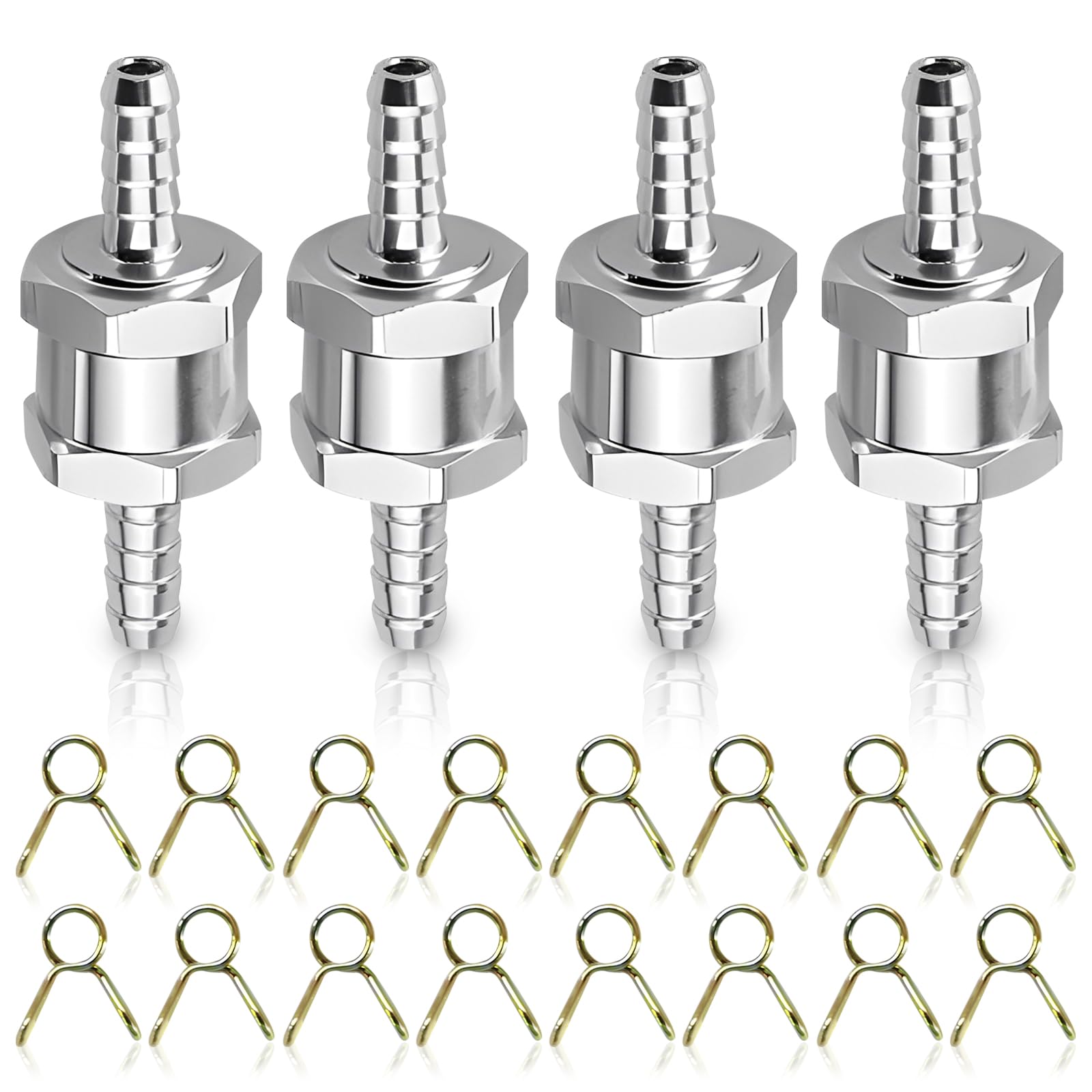 Zyques ‎Silver 4 Pcs 8Mm Fuel Check Valve, One Way Aluminium Fuel Valves With 16 Clamps Aluminium Petrol 1-Way Valves Non Return Valve For Marine Car Auto Carburettor