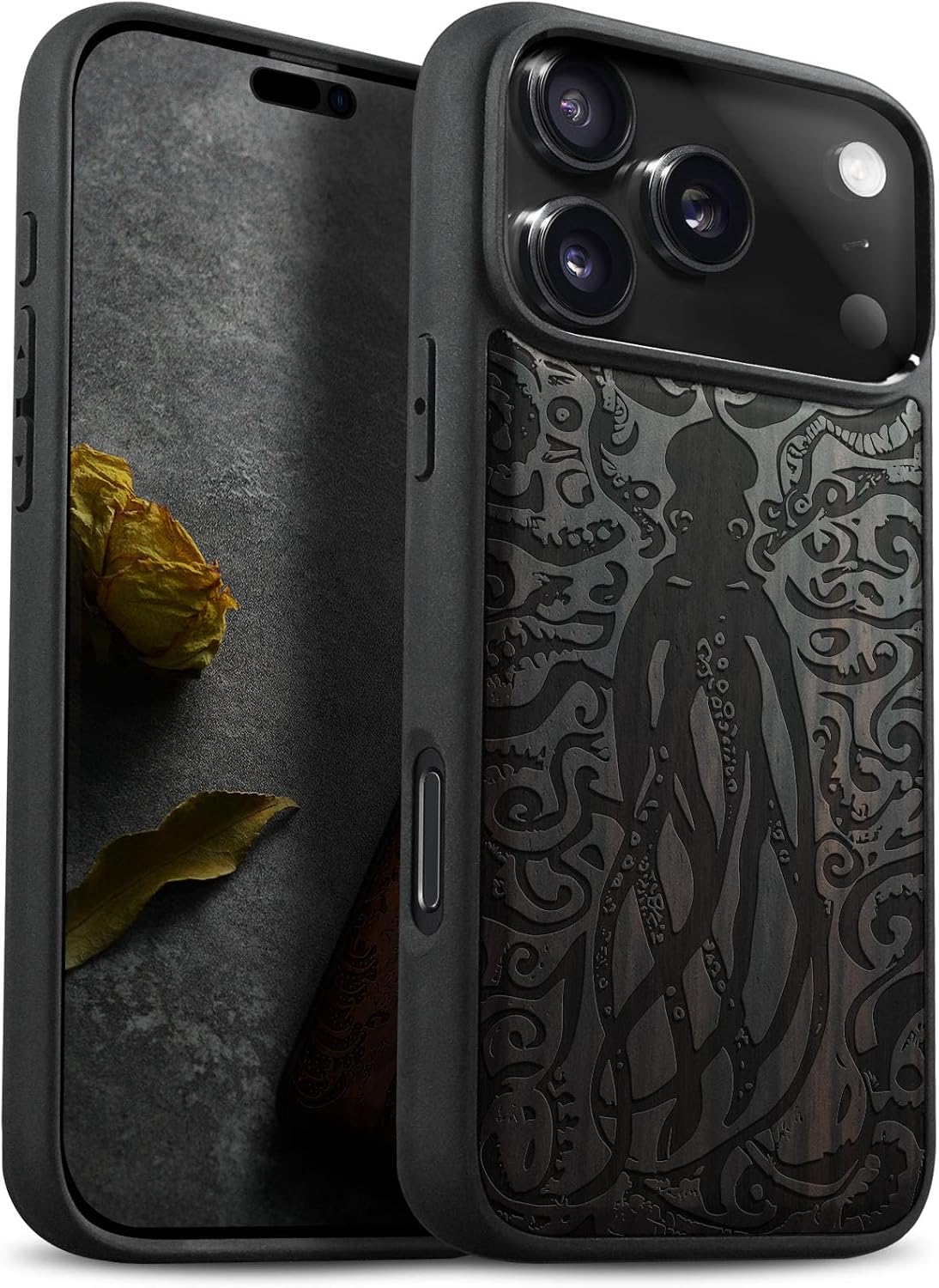 Carveit Magnetic Wooden Case for iPhone 17 Pro Max Case, Wood Artisan Engraved & Black Soft TPU Shockproof Cover, Compatible with MagSafe Wireless Chargers (The Octopus's Nocturne) Rosy