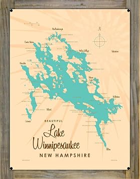 Lakebound Lake Winnipesaukee New Hampshire Retro Steel Metal Wall Art Map Poster, Mounted on Real Reclaimed Barn Wood, 18" x 24". Distinctive Wall Decoration for Home, Cabin, or Office