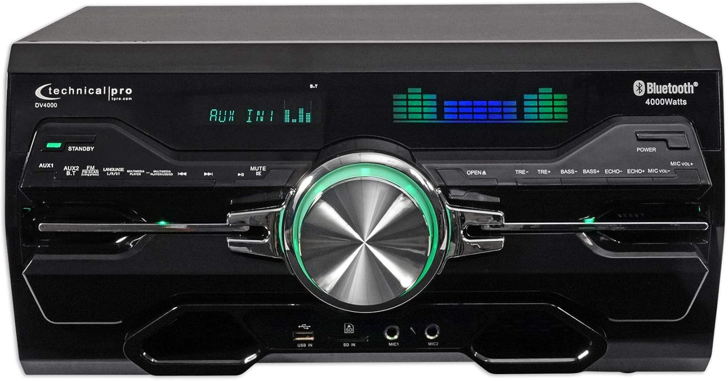 Technical Pro Professional 4000w Receiver/Amplifier/DVD Player Bluetooth/USB/FM Bundle with Pair Rockville Home Theater Speakers and Rock Shaker Active Home Theater Subwoofer