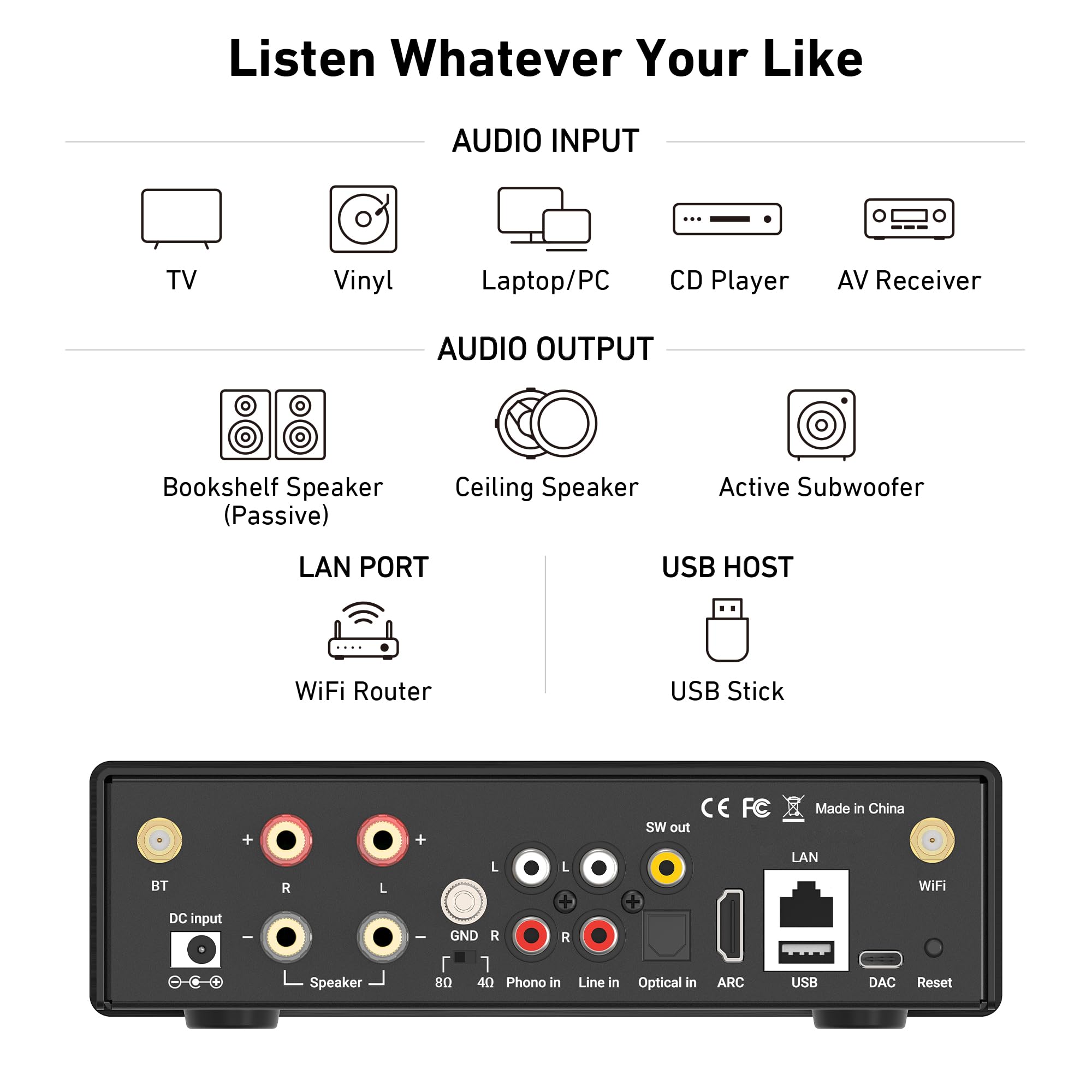 Arylic H50 Hi-Fi 50W*2 Amplificatore Audio WiFi con Bluetooth aptX HD, HDMI ARC, AirPlay 2 e Spotify Streaming per la musica domestica senza fili. Supporto per la trasmissione e la ricezione di musica