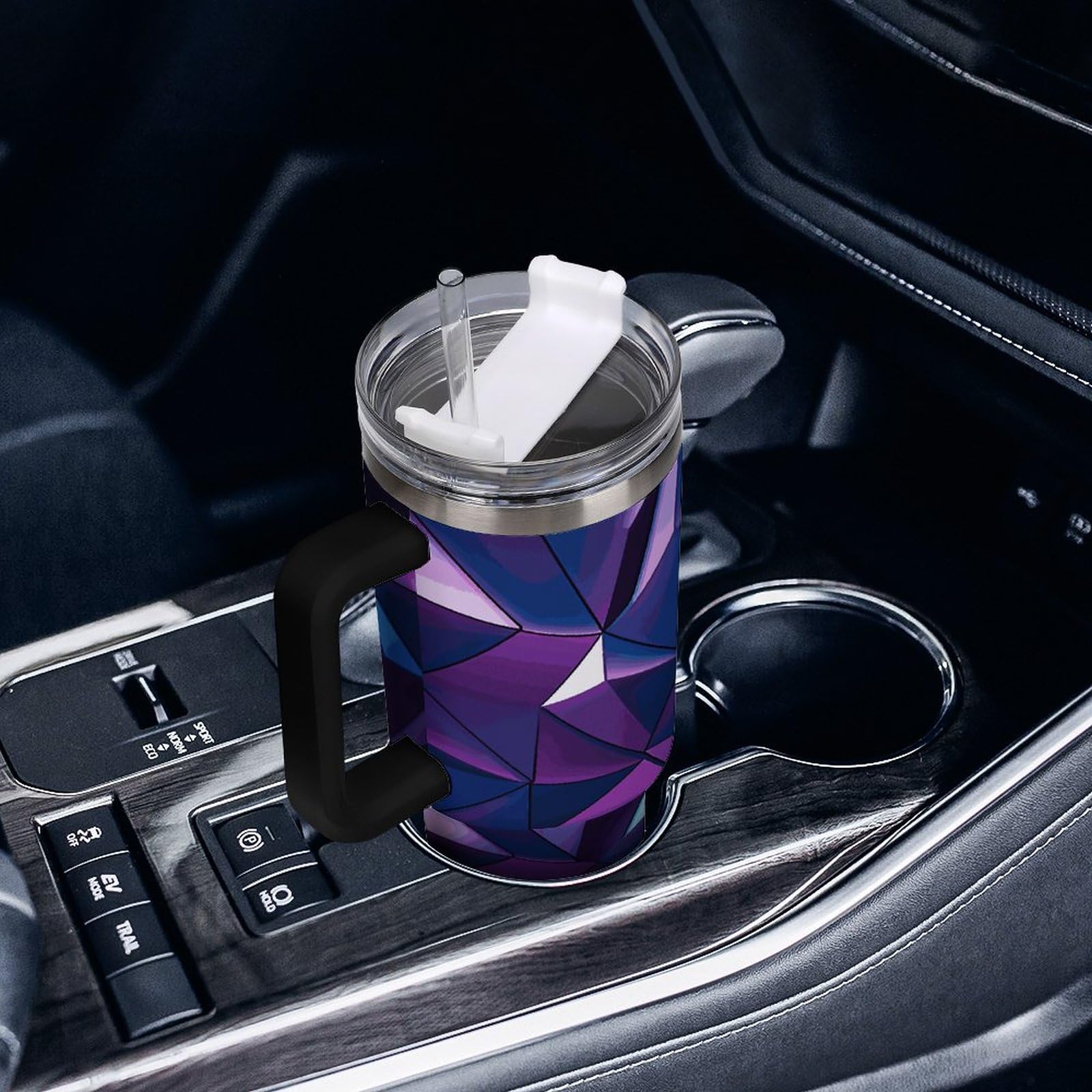 Tazas geométricas moradas con popote y asa, taza de café con aislamiento al vacío de doble pared, botellas de agua para café helado, té, bebida caliente y fría
