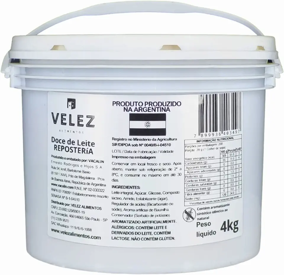 Doce de Leite argentino Reposteria VELEZ balde 4Kg