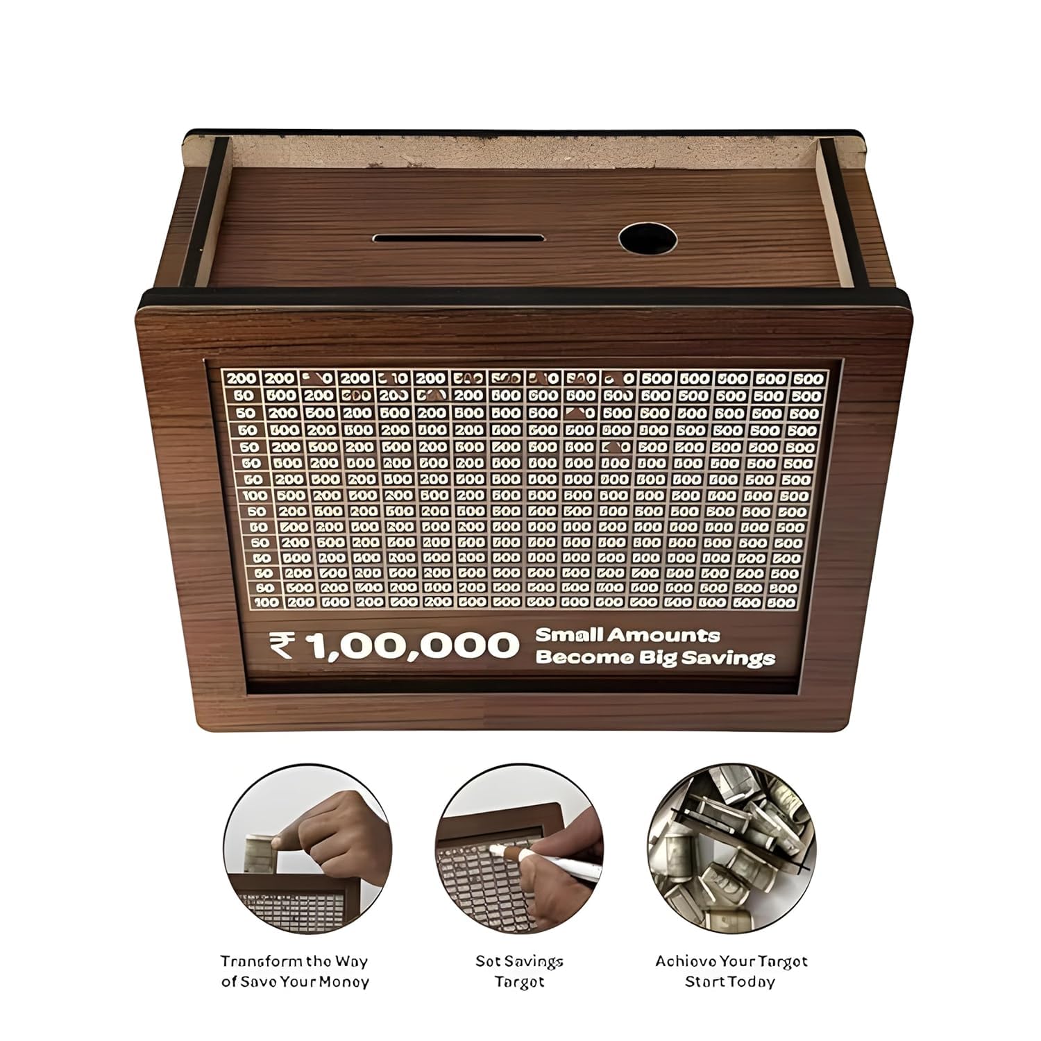 GO WELL Chandan Wood Wooden Piggy Bank for Kids & Adults, Coin Box with Carved Design, Savings Box, Mini Bank, Wooden Coin Box, Money Saver, Piggy Bank with Numbers (1)Modern 1