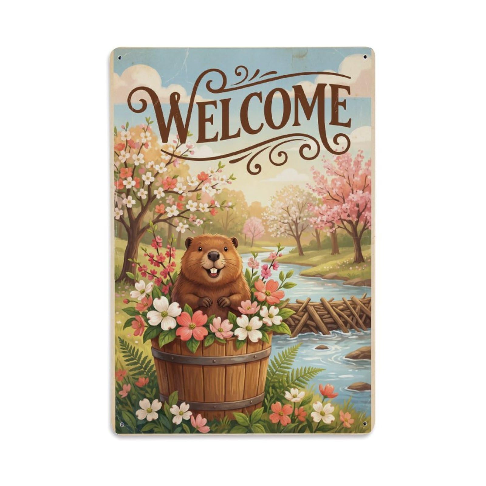 Cxhjca 8X12inch(20X30cm) Vintage Welcome Beaver Floral Decor Metal Tin Sign