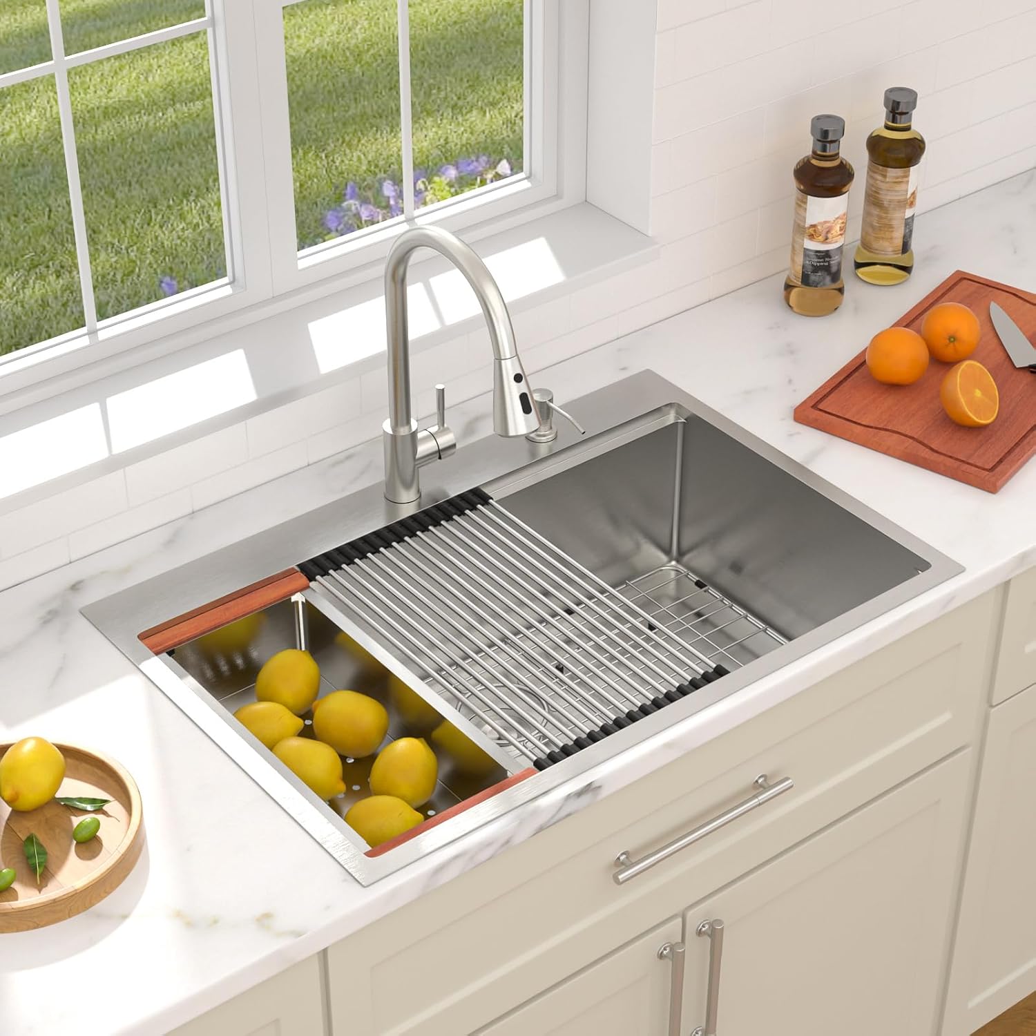 Dcolora 36 In. Drop In Kitchen Sink With Faucet Large Topmount Sink Workstation Stainless Steel Overmount Basin s Single Bowl 36"×22"×10", DC-SFDOE00014