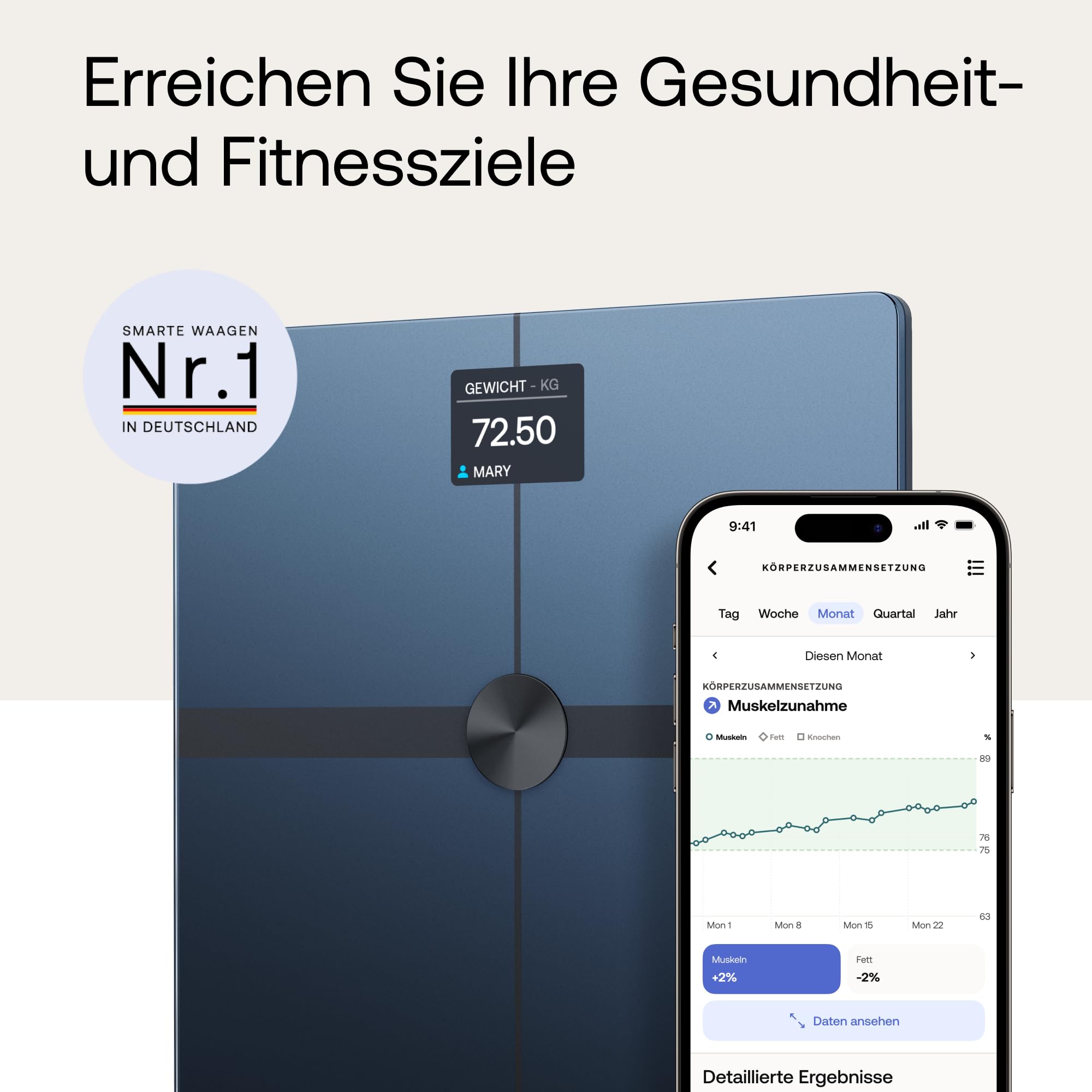 WITHINGS Body Smart – Intelligente WLAN-Personenwaage mit Körperanalyse: Gewicht, Körperfett, Muskel-/Knochenmasse, Wasser & viszerales Fett, Bluetooth, Schwarz/Grau