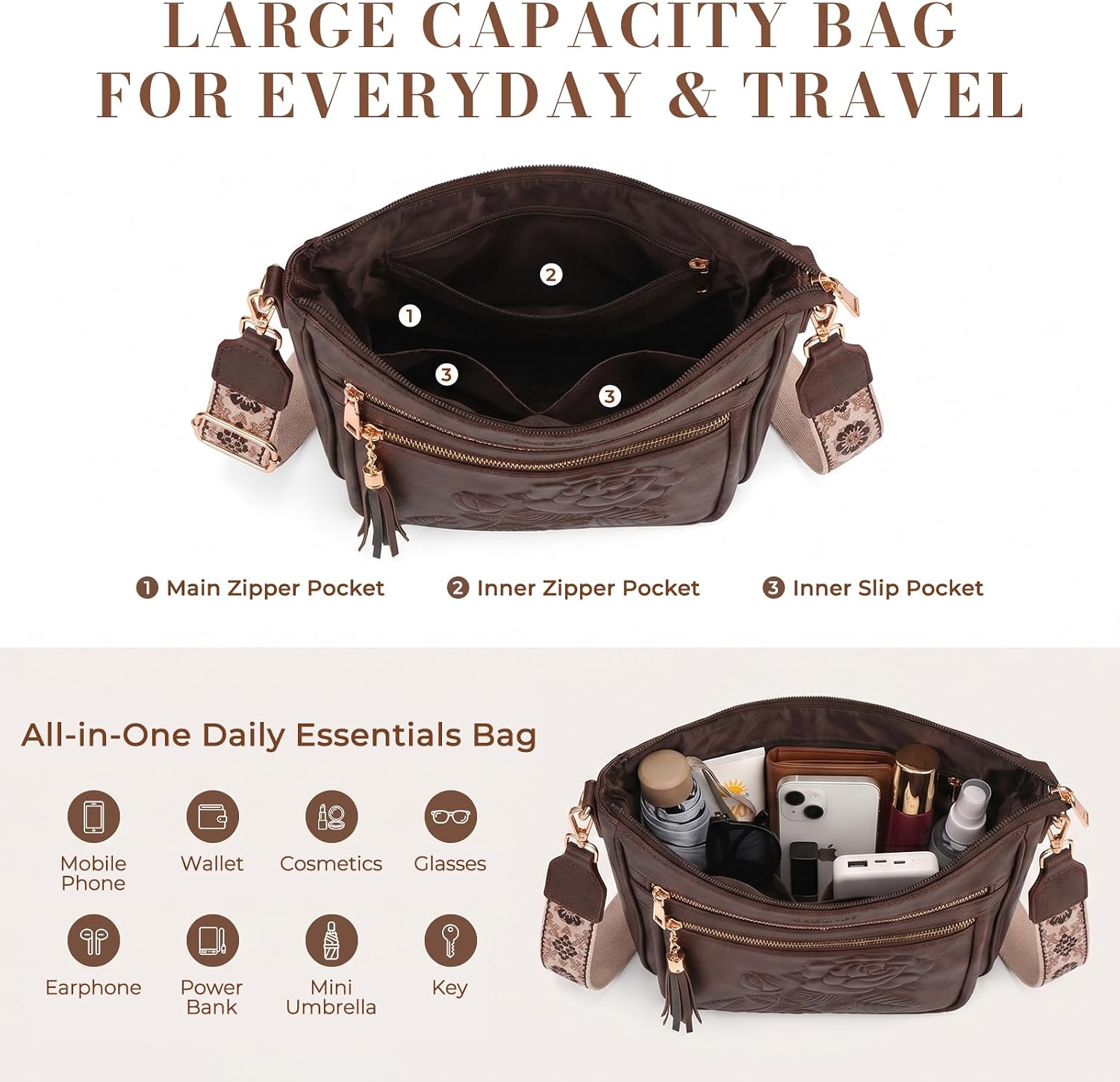 Crossbody Bags for Women, Vegan Leather Crossbody Purse, Multiple Pocket Daily Travel Shoulder Bag with Boho Strap