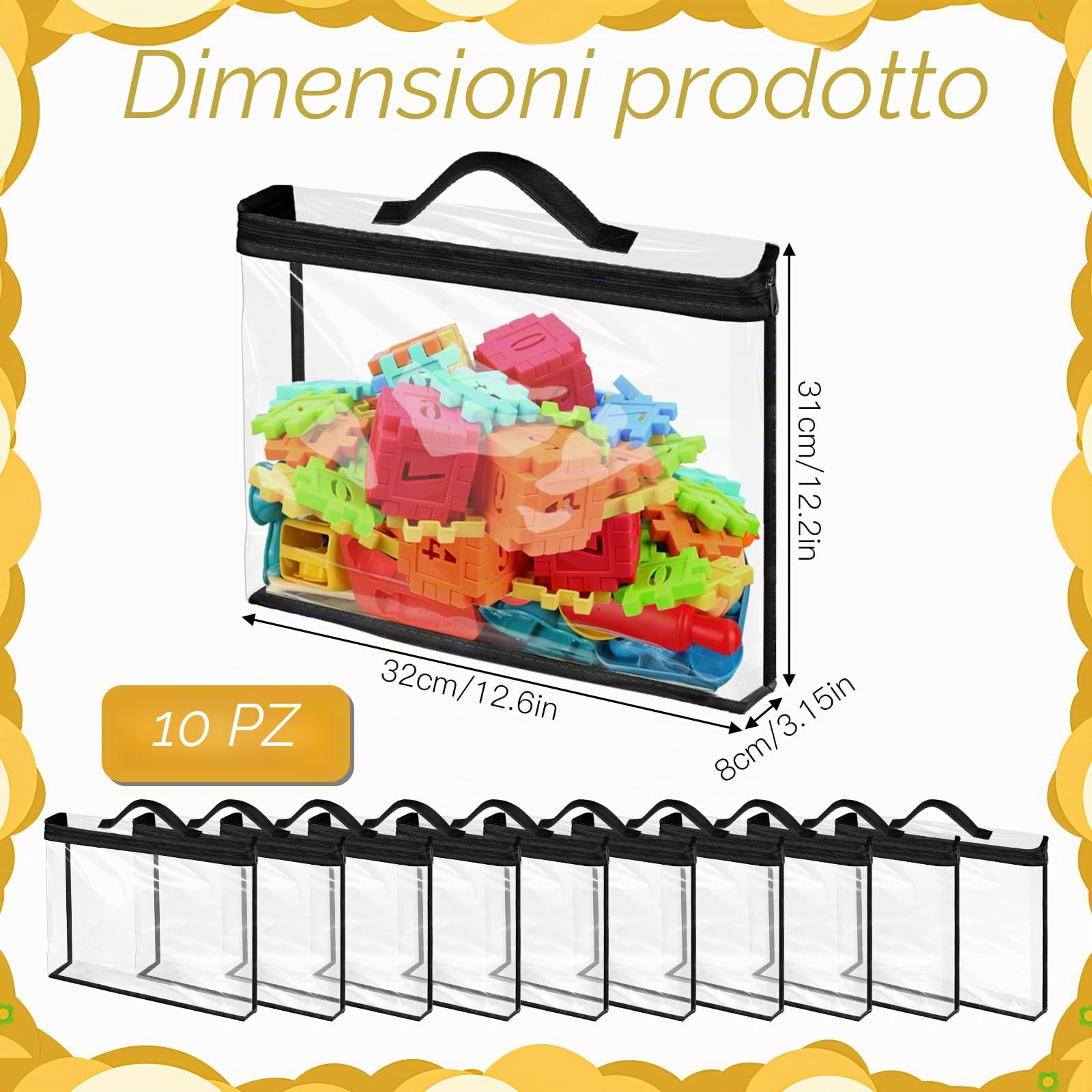 10 pezzi grandi borse portaoggetti per giocattoli, organizer trasparenti PVC impermeabili con chiusura lampo e maniglie