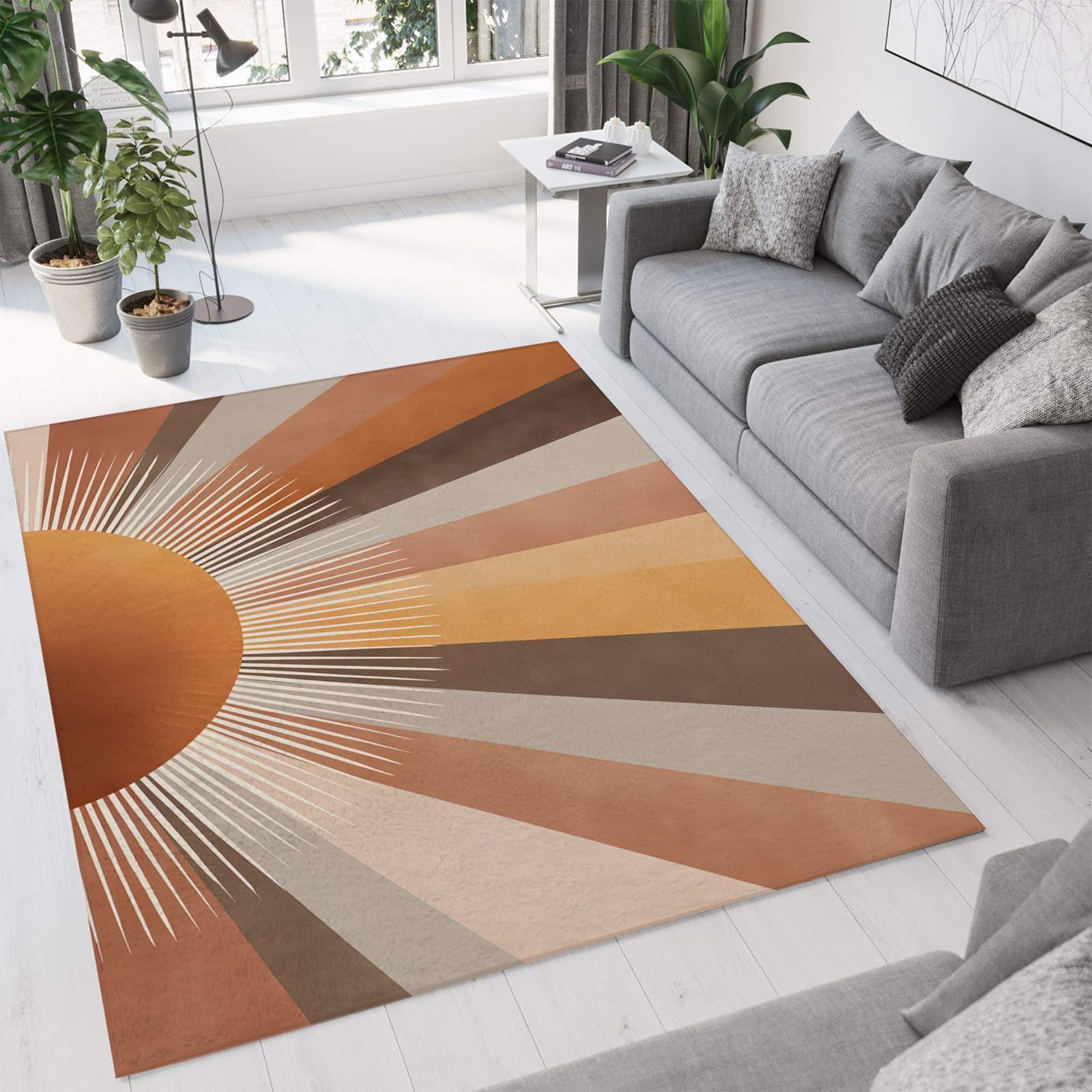 Tapis motif soleil rétro orange 200x300 cm lavable pour grand salon