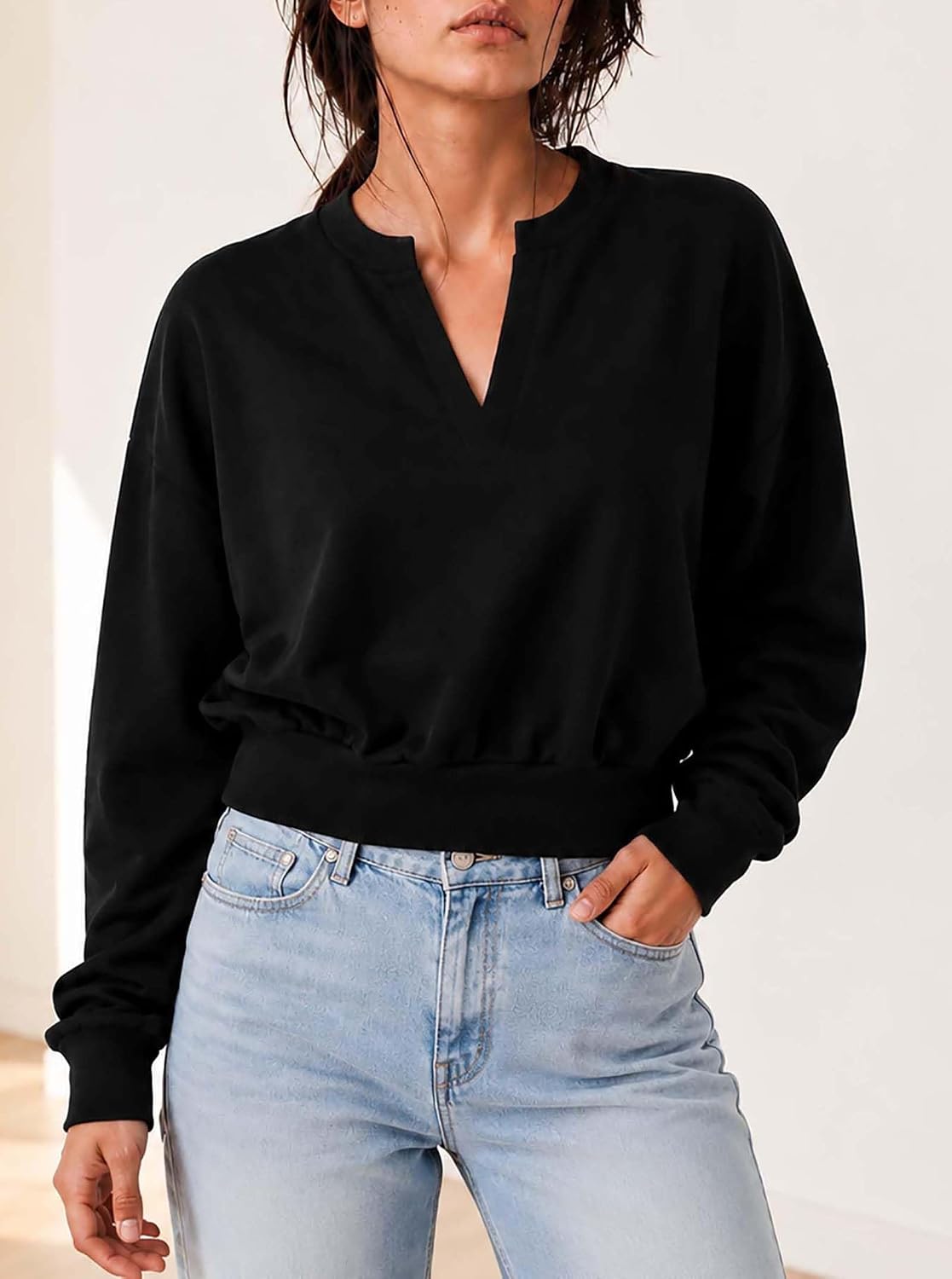 Remidoo Women's Cropped Sweatshirt Notched V Neck Long Sleeve Crop Top Loose Fit Pullover