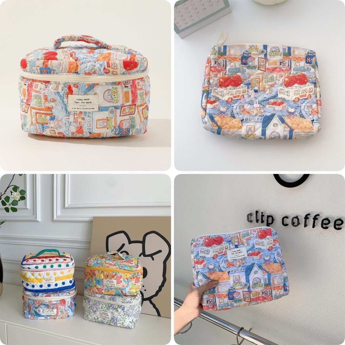 Makeup Bag Travel Essentials Quilted Cosmetic Toiletry Pouch Organizer Insert for Women Dorm Room Essential Gift Large Capacity Opening Lightweight Cute Aesthetic Portable 2PCS (Rabbit) - Image 3