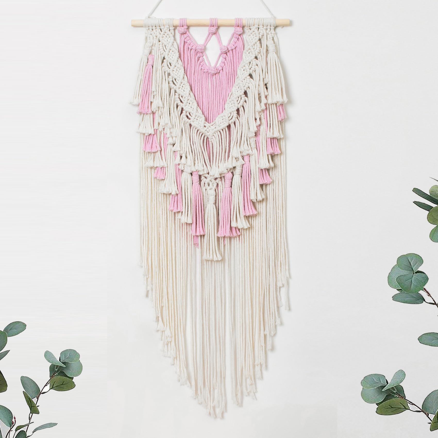 Tapiz de macramé rosa para colgar en la pared, decoración de pared bohemia con borlas rosas y beige, tapiz bohemio para habitación de niñas, habitación de niños, sala de estar, guardería,