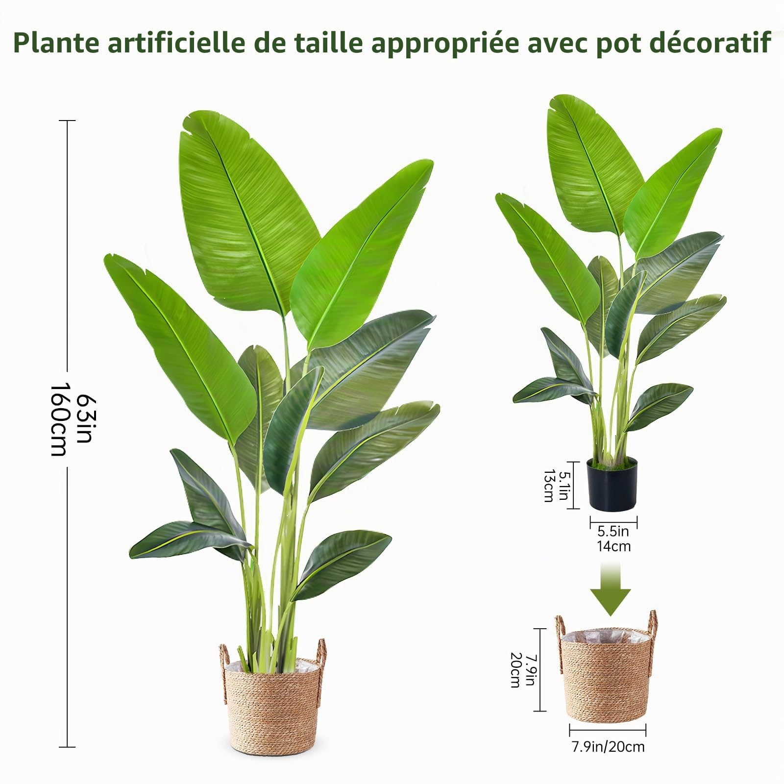 Grande plante artificielle 160 cm - Oiseau de paradis artificiel en pot - Fausses plantes - Plantes artificielles - Arbre artificiel - Palmier artificiel - Plante d'intérieur comme naturelle pour la