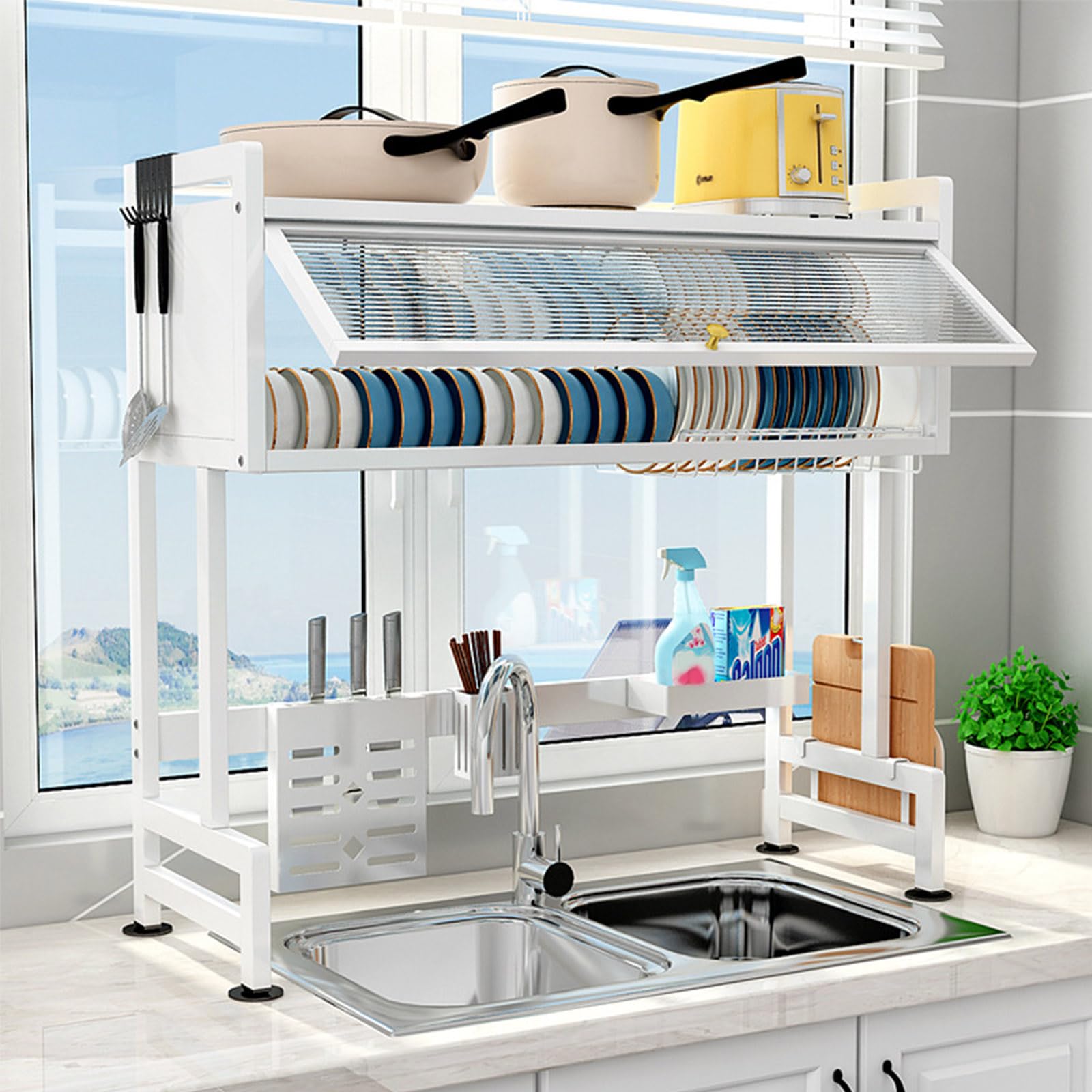 Abtropfgestell aus Edelstahl mit 2 Etagen, mit Klapptür für Teller, Schüsseln und Utensilien, platzsparendes Design, langlebig und stabil.