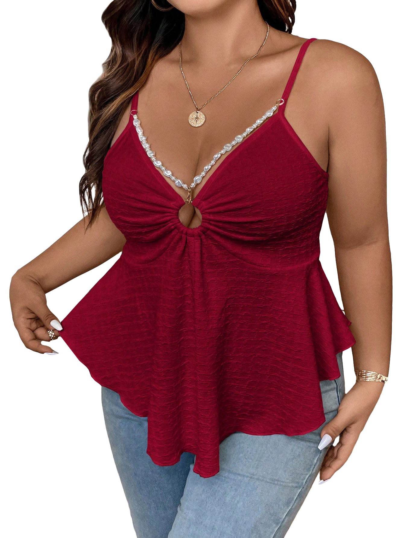 SHENHE Women's Plus Size V Neck Asymmetrical Flared Hem Cute Peplum Top Boho Camisole Tank