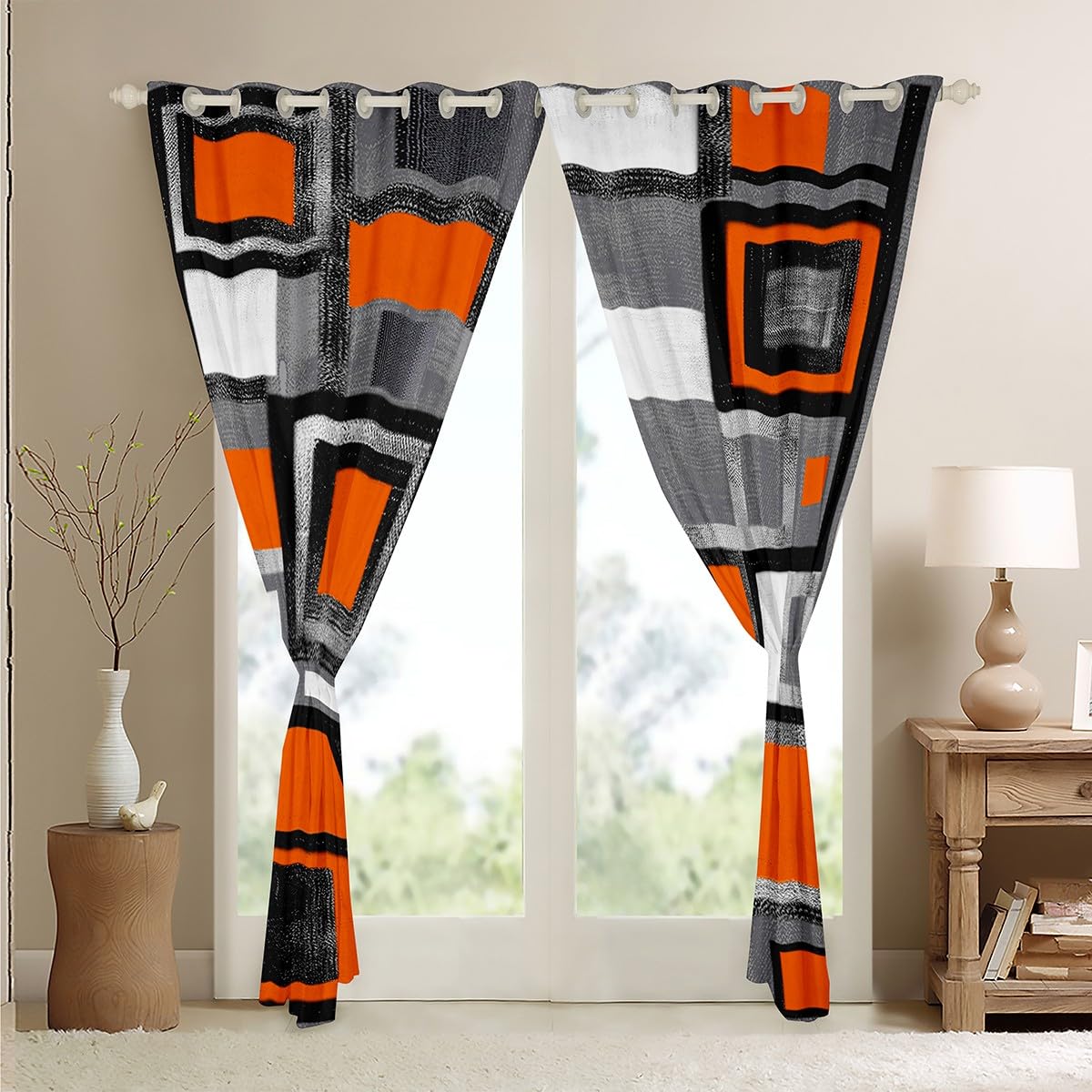 Geometric Curtains for Bedroom Living Room Kids Orange Grey Black Blackout Curtains(30%-50%) Buffalo Check Window Dreapes Modern Abstract Art Window Treatments W66*L72 - Image 4