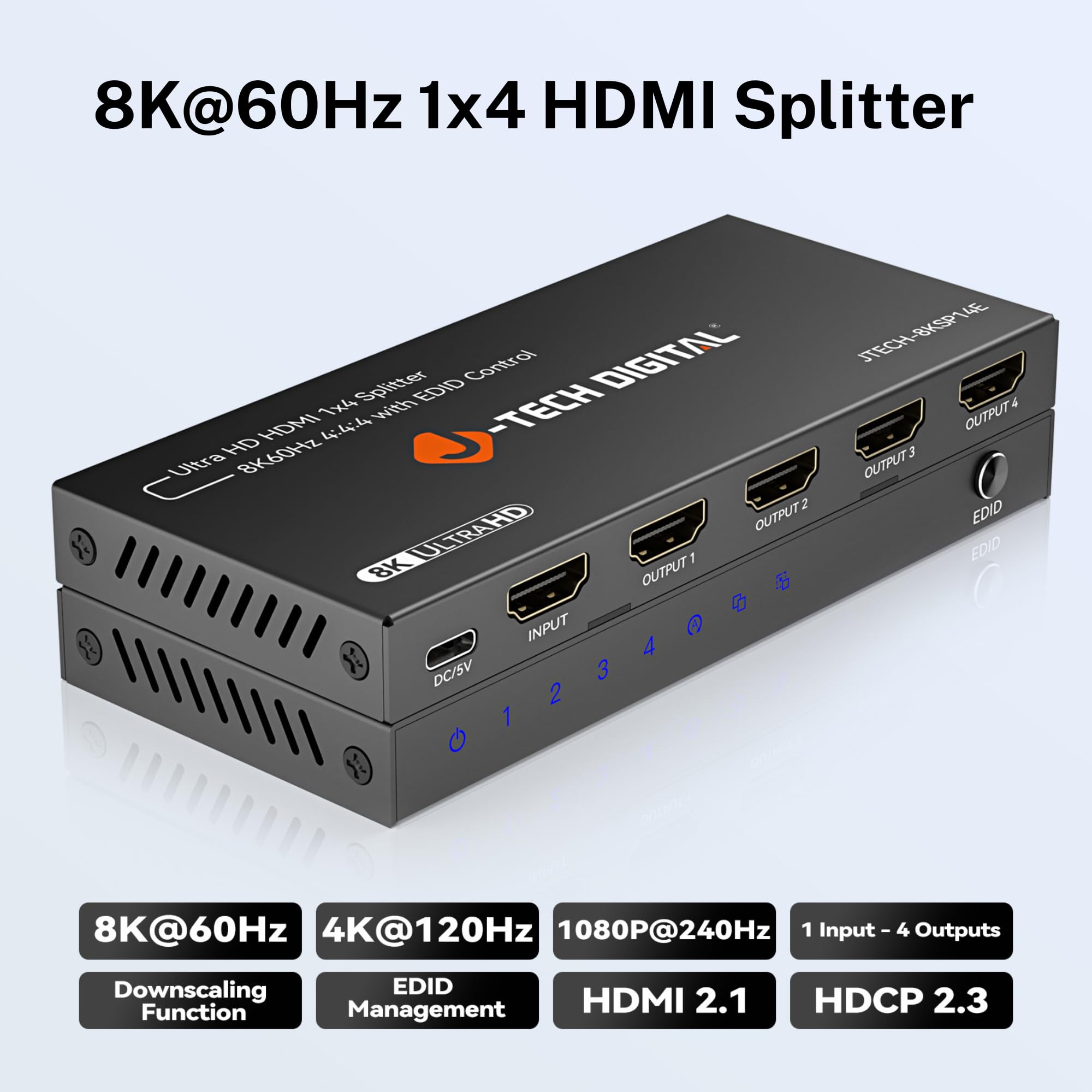 J-Tech Digital Divisor HDMI 8K 1 en 4 Salidas, HDMI 2.1 1x4 Divisor 8K @60Hz 4K @120Hz 1080P @240Hz, Pantalla duplicada/Espejo 3 Modos EDID con reducción HDCP 2.3 [JTECH-8KSP14E]