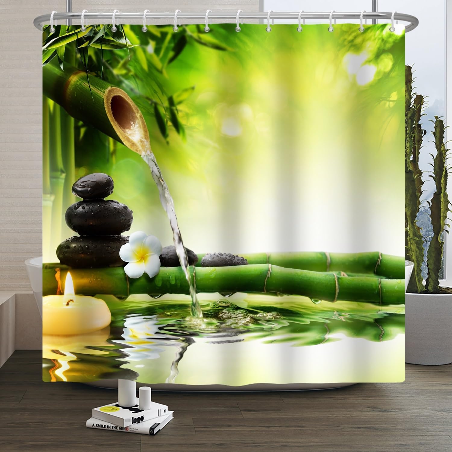 Cortina de Baño SPA Zen 3D Cortina de Baño Paisaje de Jardín Primavera Floral Verde Bambú Negro Piedra Blanco Flor A Prueba de Moho Cortina de Baño Impermeable Lavable a Máquina 105x160cm