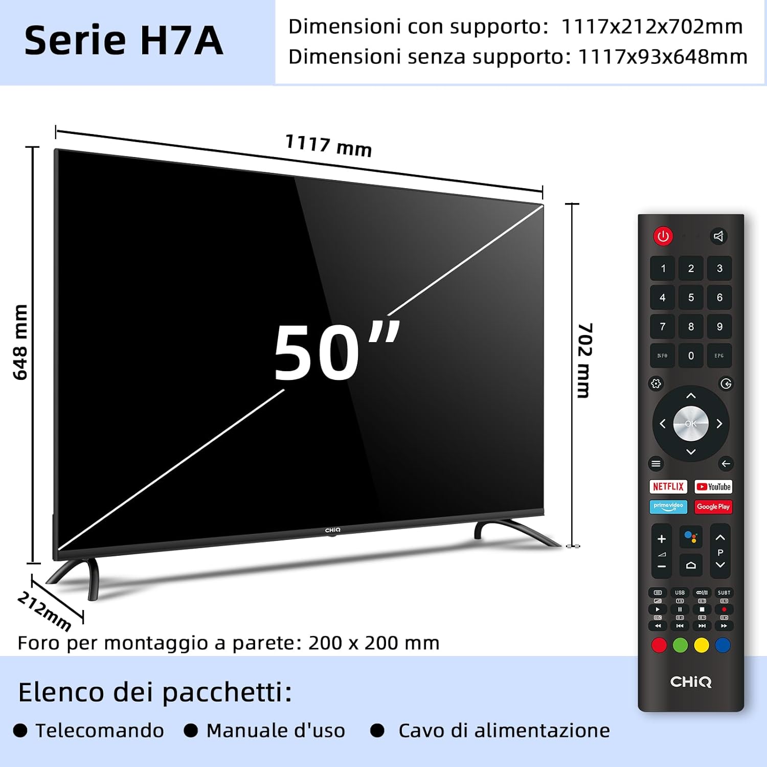 CHiQ Smart TV U50H7A, 50 pollici (126 cm) televisori, Android 9.0 TV, UHD, 4K, WiFi, Bluetooth, Google Assistant, Netflix, Prime Video, 3 HDMI, 2 USB CHiQ Smart TV U50H7A, 50 pollici (126 cm) televisori, Android 9.0 TV, UHD, 4K, WiFi, Bluetooth, Google Assistant, Netflix, Prime Video, 3 HDMI, 2 USB