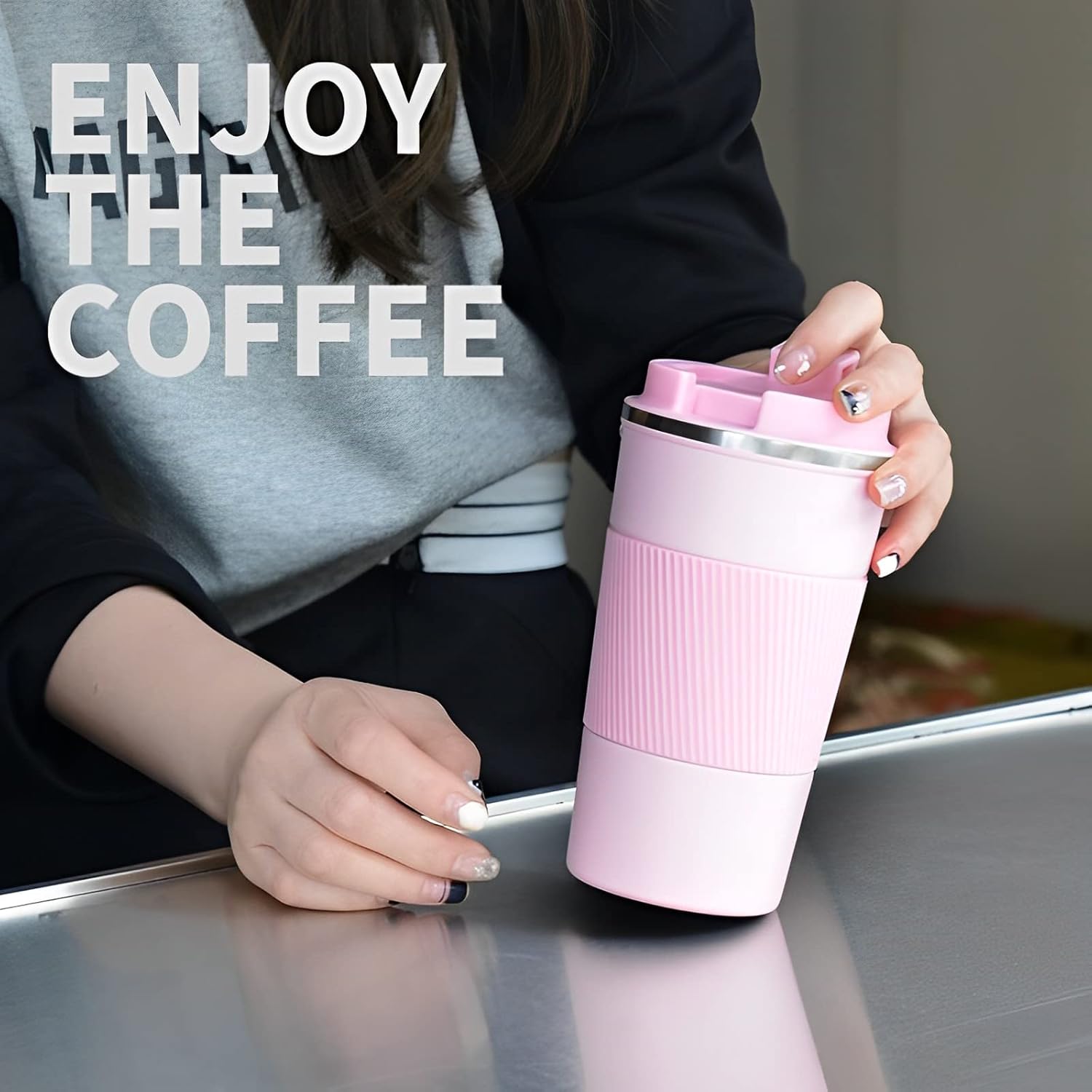 Stainless Steel Ceramic Inner Coated Coffee Thermal Cup,Portable Car Water Cup, Outdoor Travel Cup, Stay Hot,Stay Cold, Sleeve Leak Proof Non-Slip Base,17oz (Cherry Blossom Pink)