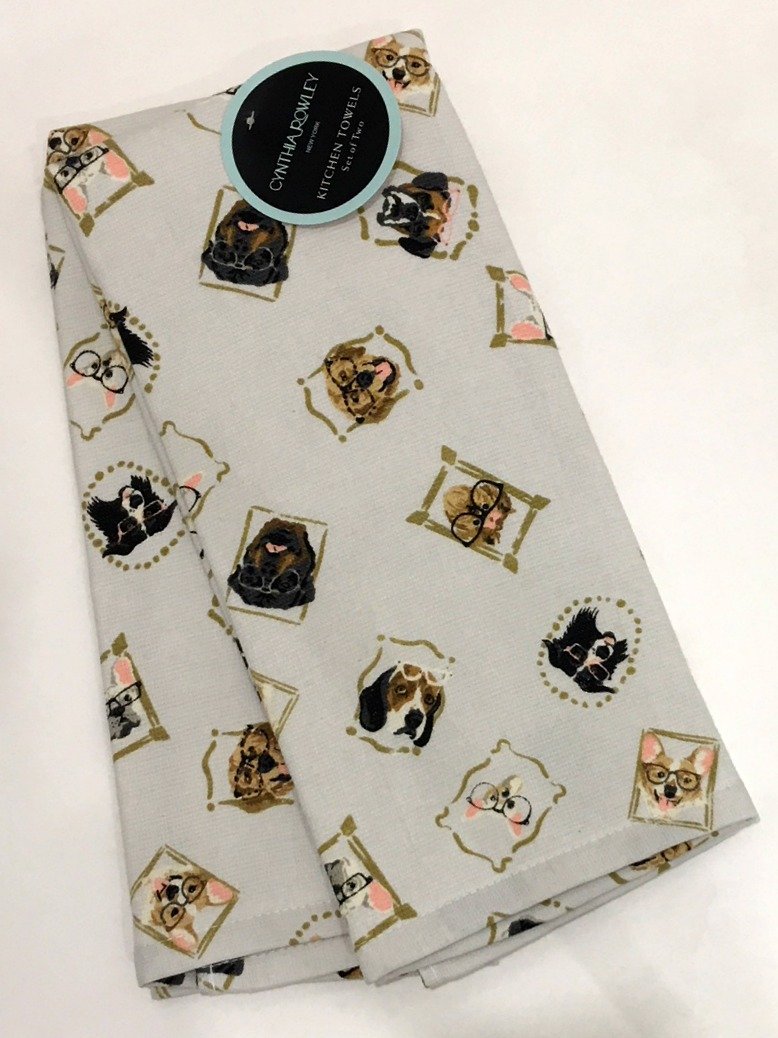 Cynthia RowleyCynthia Rowley set of 2 kitchen towels white with dog wearing glasses