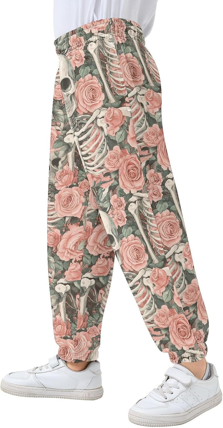 Boy Sweatpants Skeleton Pink Rose Joggers Casual Athletic Pants Kids Elastic Waist Cuffed with Pockets