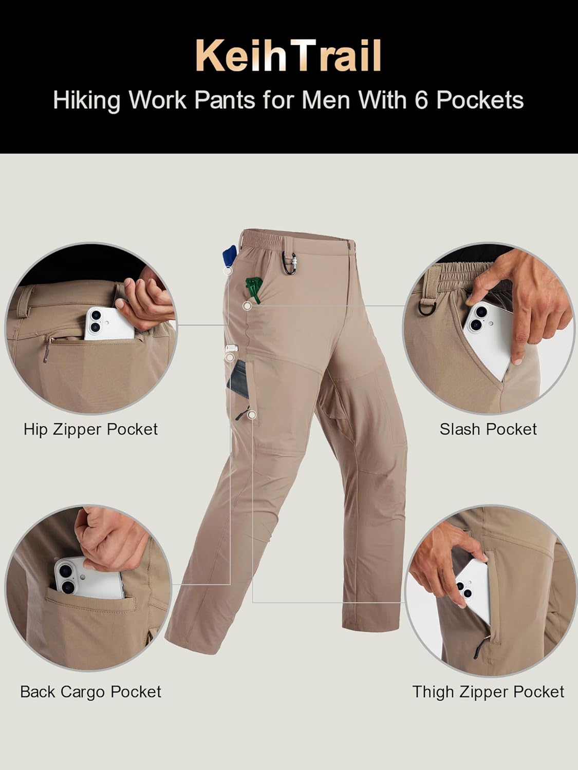 Mens Hiking Cargo Work Nylon Pants - Water & Wear Resistant Breathable Lightweight Stretch Quick Dry - EDC with 6 Pocket - Image 5